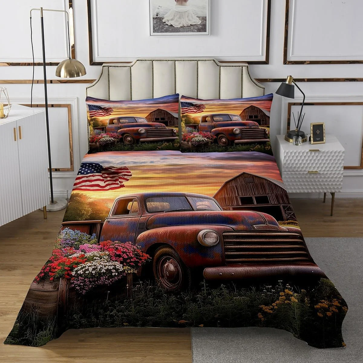 روتختی طرح کامیون قدیمی Manfei سایز یک نفره، روکش تخت خواب به سبک کلبه انبار روستایی، ست روتختی 2 تکه طرح گل و گیاه روستایی با 1 روبالشی، ست روکش تخت خواب چاپی طرح پرچم آمریکا روتختی طرح کامیون قدیمی Manfei سایز یک نفره، روکش تخت خواب به سبک کلبه انبار روستایی، ست روتختی 2 تکه طرح گل و گیاه روستایی با 1 روبالشی، ست روکش تخت خواب چاپی طرح پرچم آمریکا