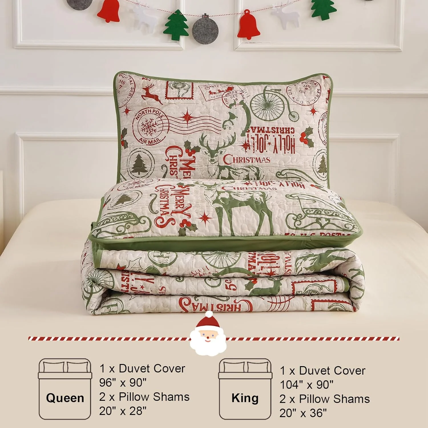 Drucon Christmas Quilt Set Queen Size,Green Merry Christmas Beddding Set with Deer Sled Tree Postmark and Bell Pattern,3 Piece Bedspread with 2 Pillowcases (96"x90")