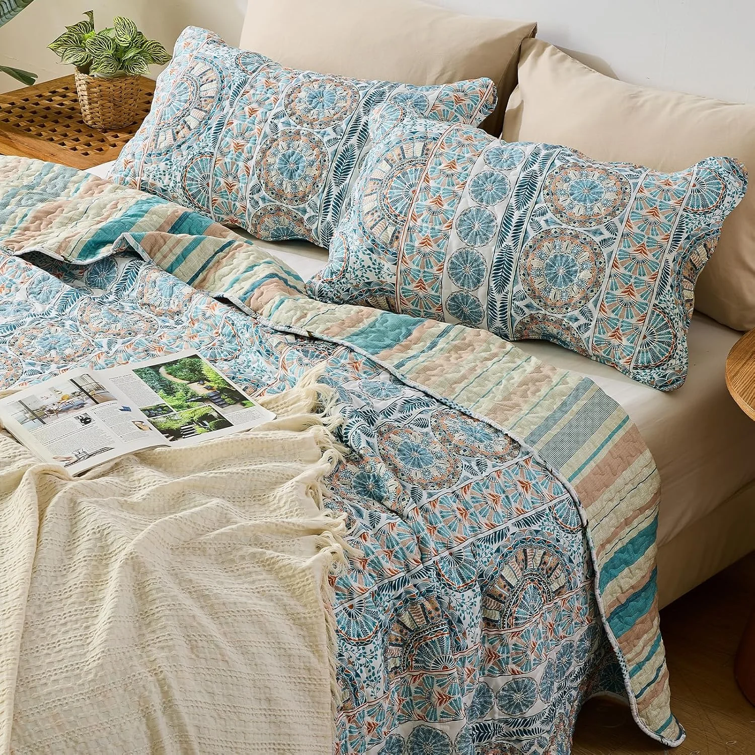 روتختی Qucover، روتختی تزئینی، روتختی دو طرفه بوهو با طرح های قومی، 250 x 270 سانتی متر، رو تختی نرم مبل، لحاف با 2 روبالشی 50 x 75 سانتی متر برای سبک خانه روستایی و سبک مدرن خانه