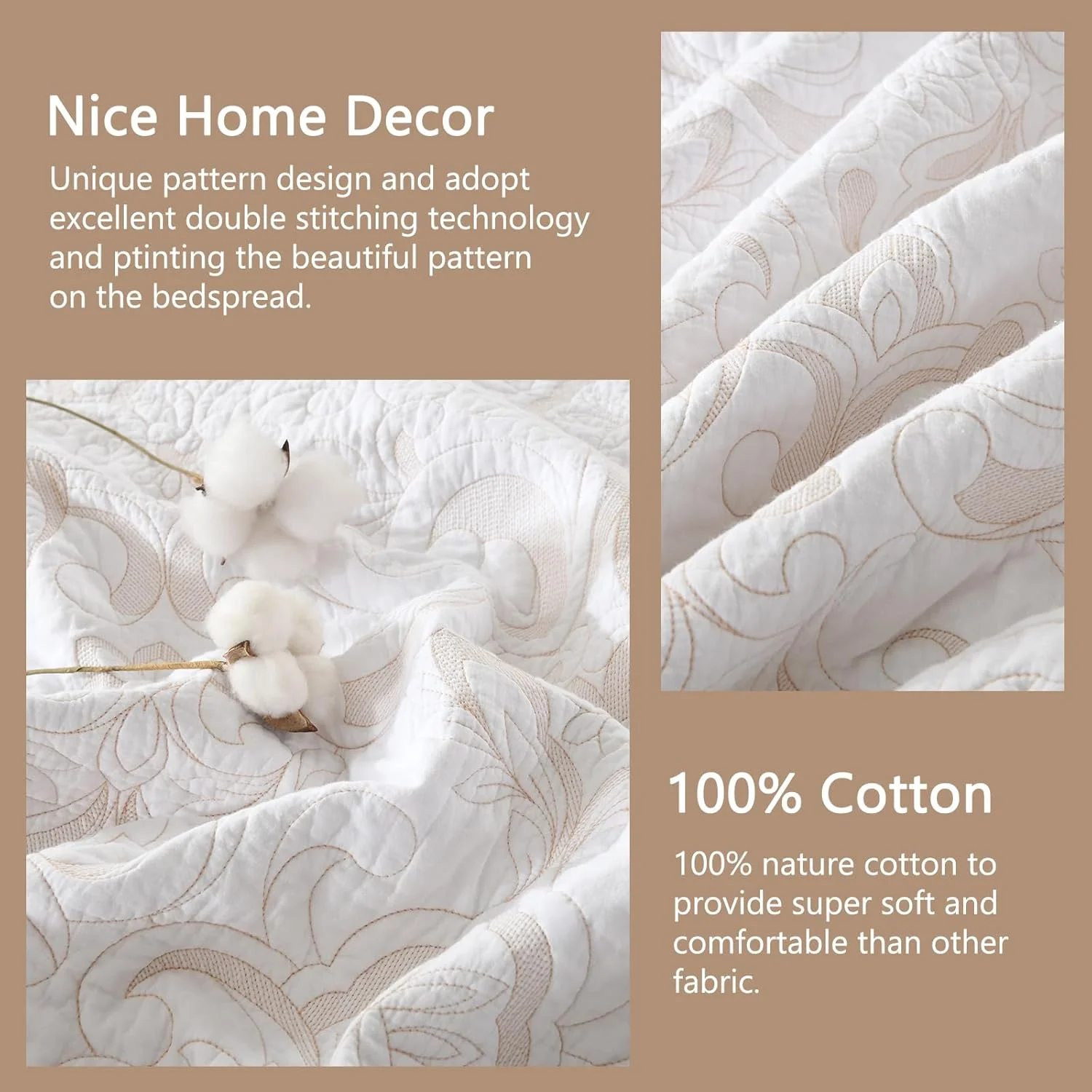 ست روتختی لحافی پنبه‌ای سایز بزرگ Finlonte، 305x259 سانتی‌متر، روتختی‌های سایز بزرگ کوئین به همراه روبالشی، لحاف طرح‌دار گل‌دار برجسته سبک وزن، سفید/بژ