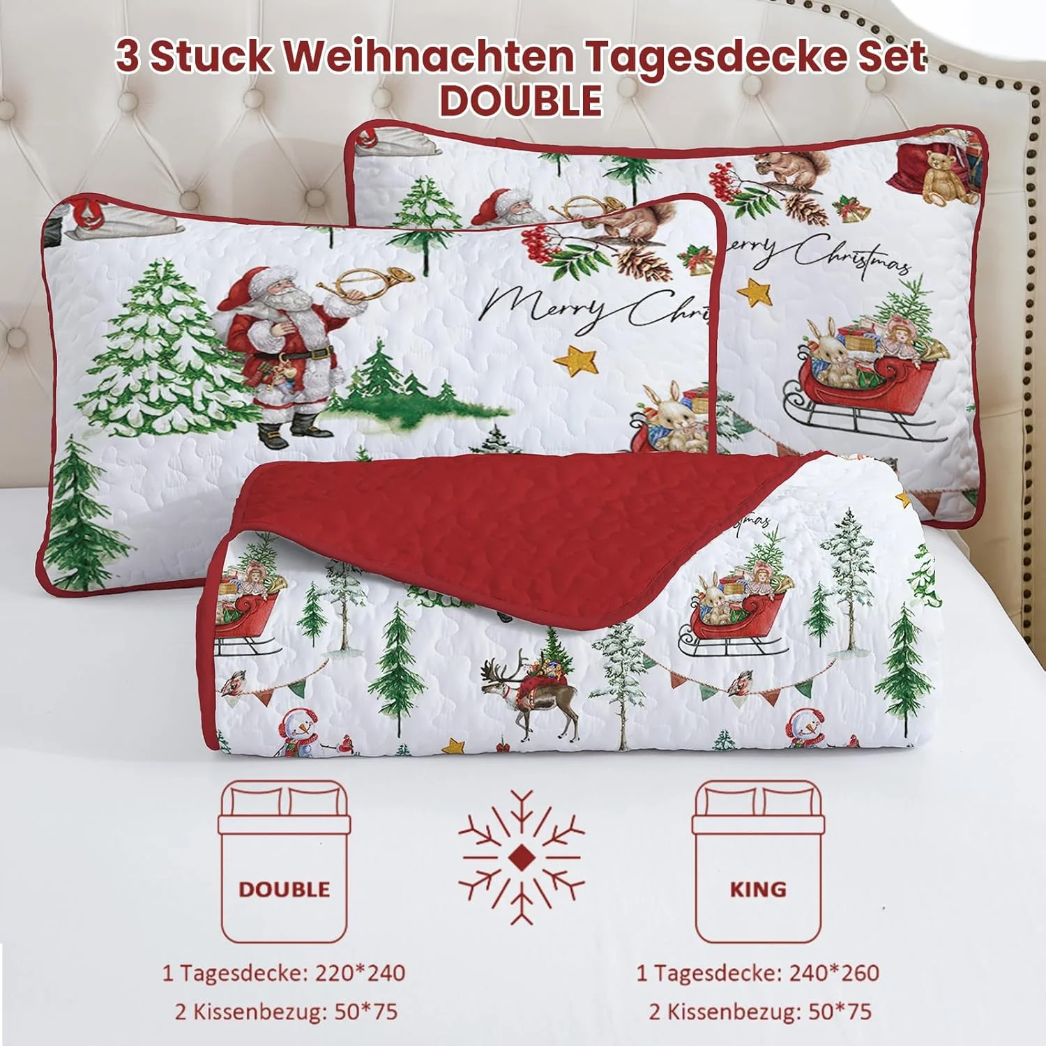 WONGS BEDDING Bedspread 220 x 240 cm Christmas Bed Throw Quilt Double Bed Quilted Microfibre 3-Piece Bedspreads Quilt Blanket with 2 Pillowcases 50 x 75 cm, White WONGS BEDDING Bedspread 220 x 240 cm Christmas Bed Throw Quilt Double Bed Quilted Microfibre 3-Piece Bedspreads Quilt Blanket with 2 Pillowcases 50 x 75 cm, White