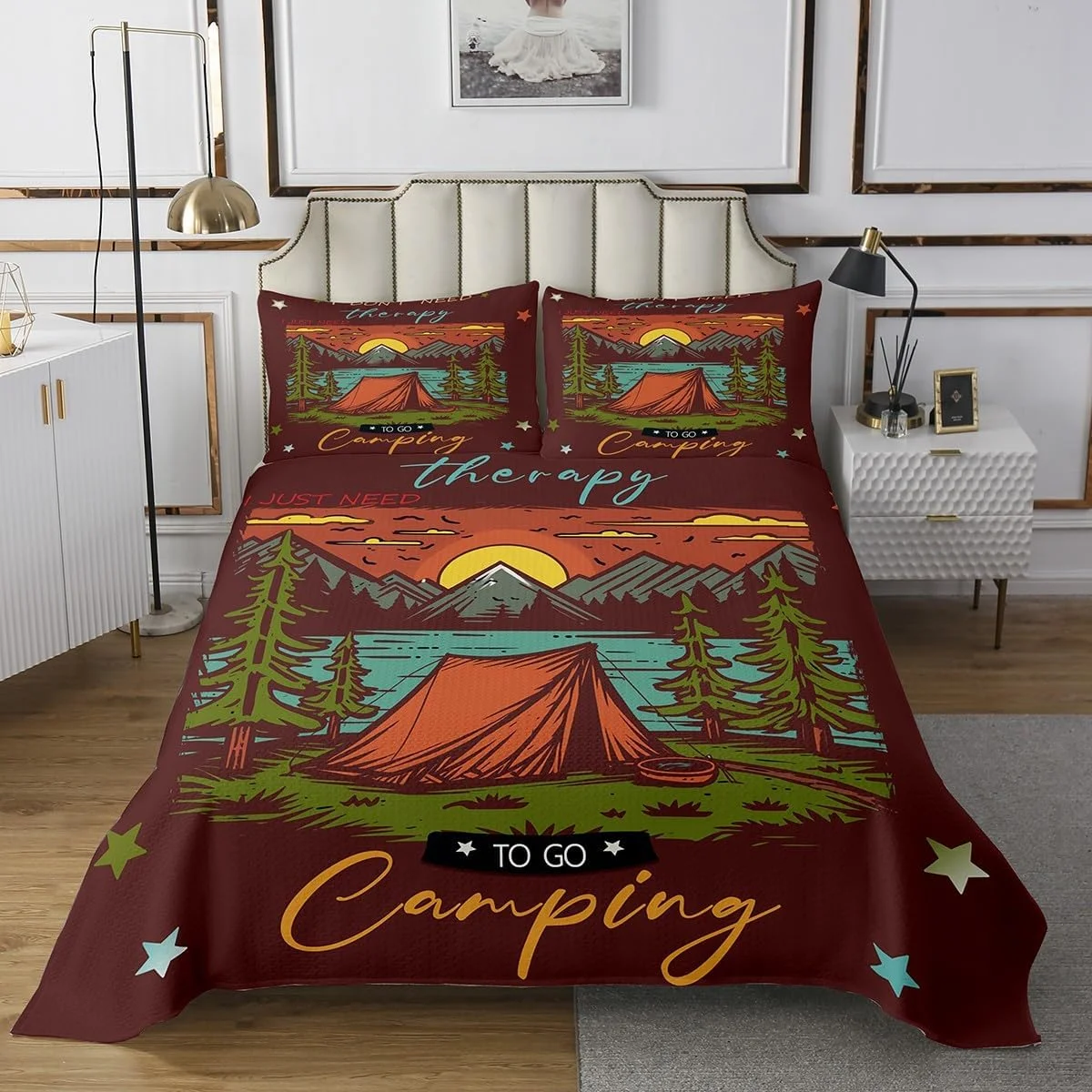 ست روتختی طرح کمپر Erosebridal سایز کینگ مناسب تریلر مسافرتی، ست ملحفه لحافی کمپینگ چادری دکوراسیون منزل ماجراجویی قدیمی، ست لحاف طرح درخت رودخانه کوهستانی ست رو تختی منظره طبیعت 3 تکه