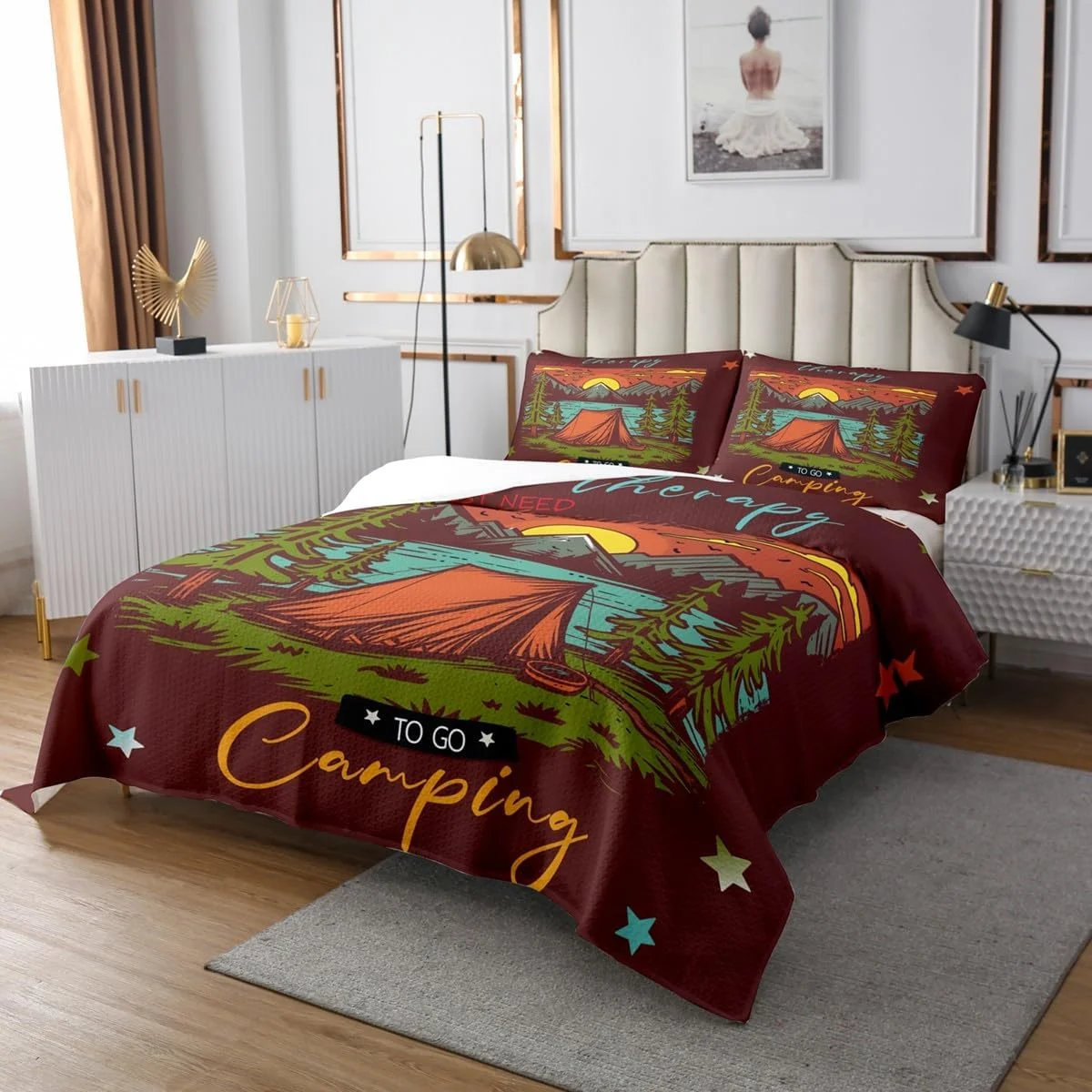 ست روتختی طرح کمپر Erosebridal سایز کینگ مناسب تریلر مسافرتی، ست ملحفه لحافی کمپینگ چادری دکوراسیون منزل ماجراجویی قدیمی، ست لحاف طرح درخت رودخانه کوهستانی ست رو تختی منظره طبیعت 3 تکه