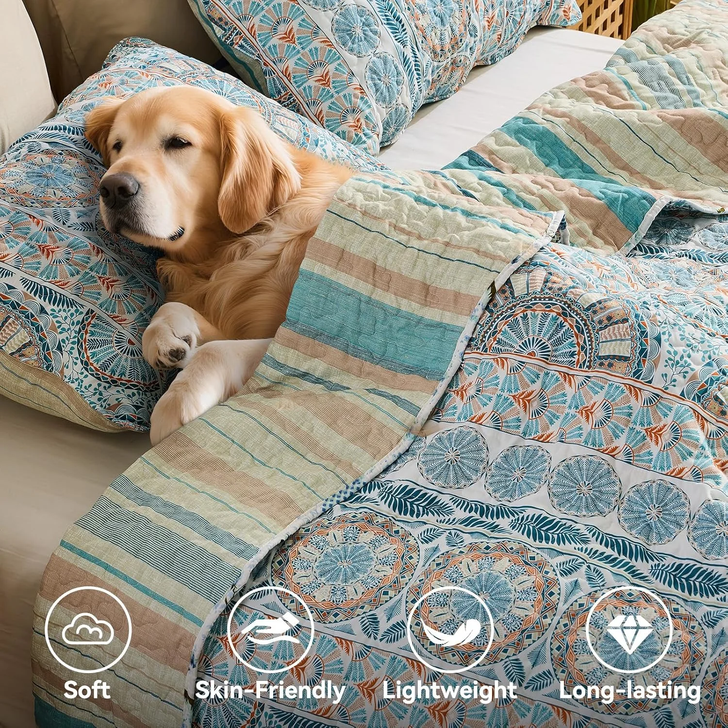 روتختی Qucover، روتختی تزئینی، روتختی دو طرفه بوهو با طرح های قومی، 250 x 270 سانتی متر، رو تختی نرم مبل، لحاف با 2 روبالشی 50 x 75 سانتی متر برای سبک خانه روستایی و سبک مدرن خانه