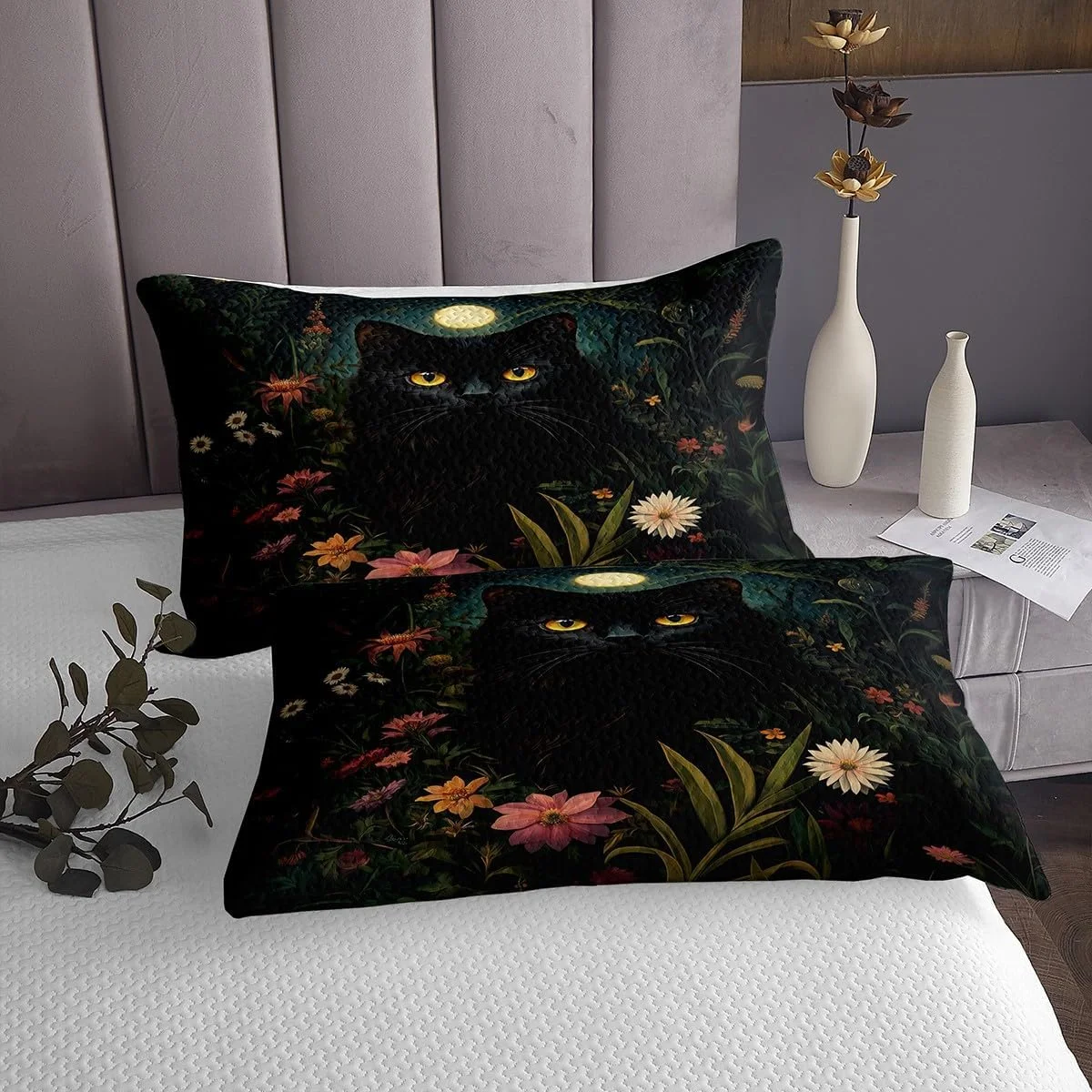 ست لحاف طرح گربه سیاه Manfei سایز کوئین، روتختی سبک وزن طرح شب ماه گوتیک، ست رو تختی طرح گربه وحشی جنگلی، روتختی 3 تکه طرح گل و برگ آبرنگی (1 لحاف، 2 روبالشی)