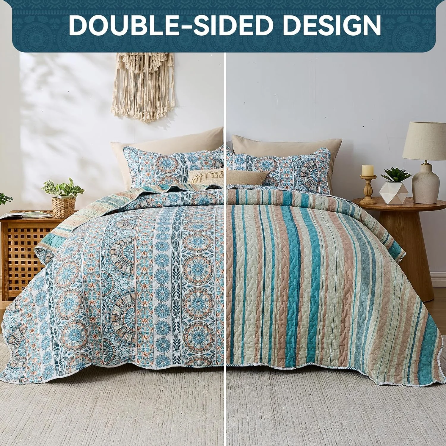 روتختی Qucover، روتختی تزئینی، روتختی دو طرفه بوهو با طرح های قومی، 250 x 270 سانتی متر، رو تختی نرم مبل، لحاف با 2 روبالشی 50 x 75 سانتی متر برای سبک خانه روستایی و سبک مدرن خانه
