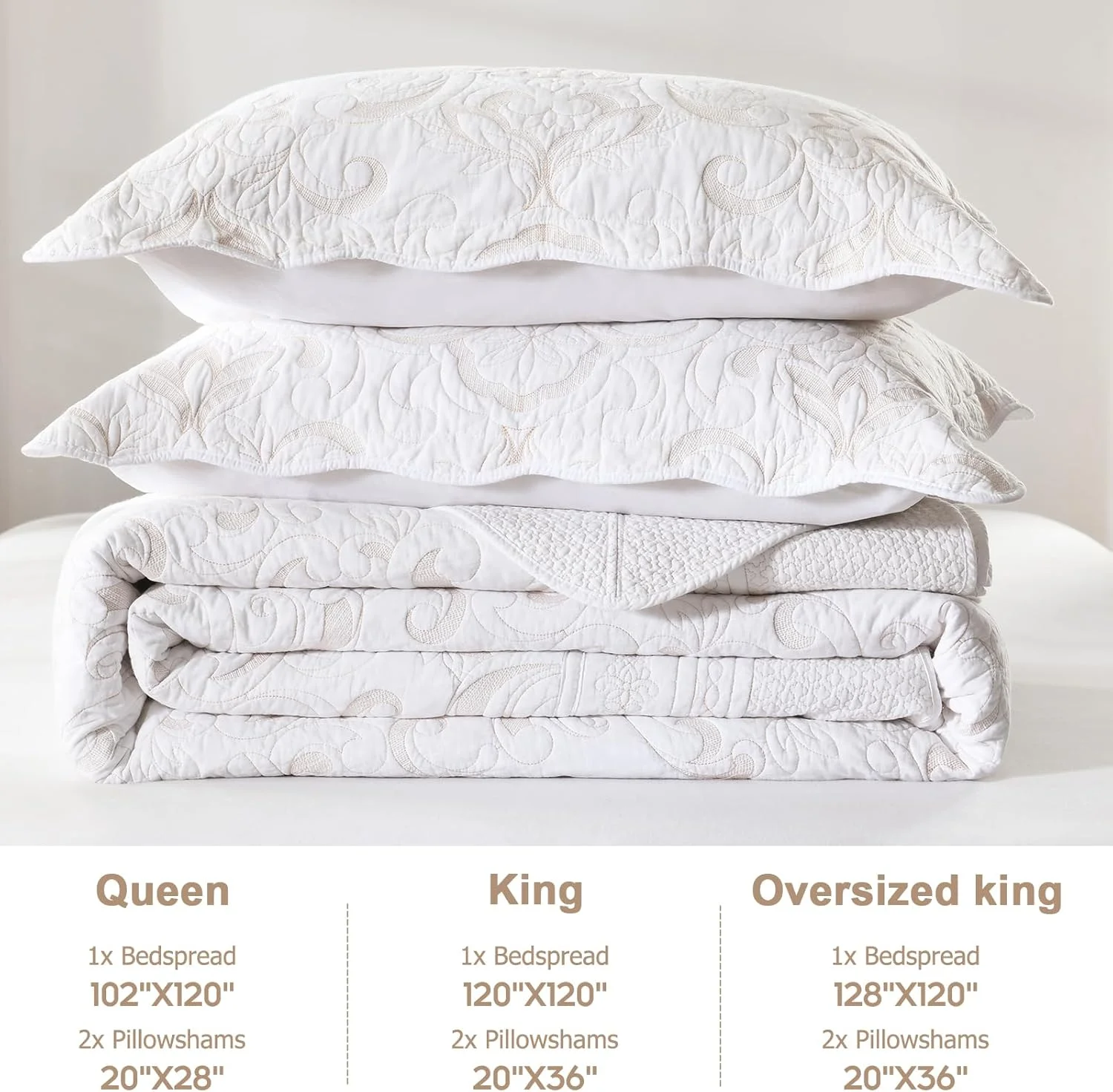 ست روتختی لحافی پنبه‌ای سایز بزرگ Finlonte، 305x259 سانتی‌متر، روتختی‌های سایز بزرگ کوئین به همراه روبالشی، لحاف طرح‌دار گل‌دار برجسته سبک وزن، سفید/بژ