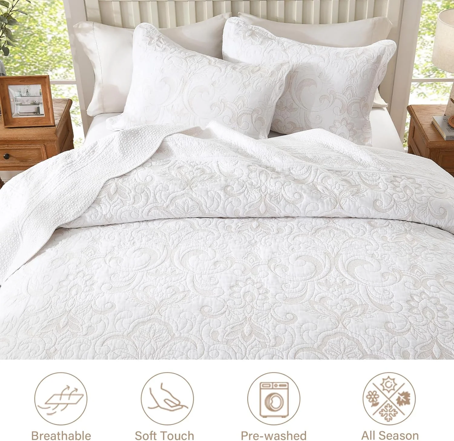 ست روتختی لحافی پنبه‌ای سایز بزرگ Finlonte، 305x259 سانتی‌متر، روتختی‌های سایز بزرگ کوئین به همراه روبالشی، لحاف طرح‌دار گل‌دار برجسته سبک وزن، سفید/بژ