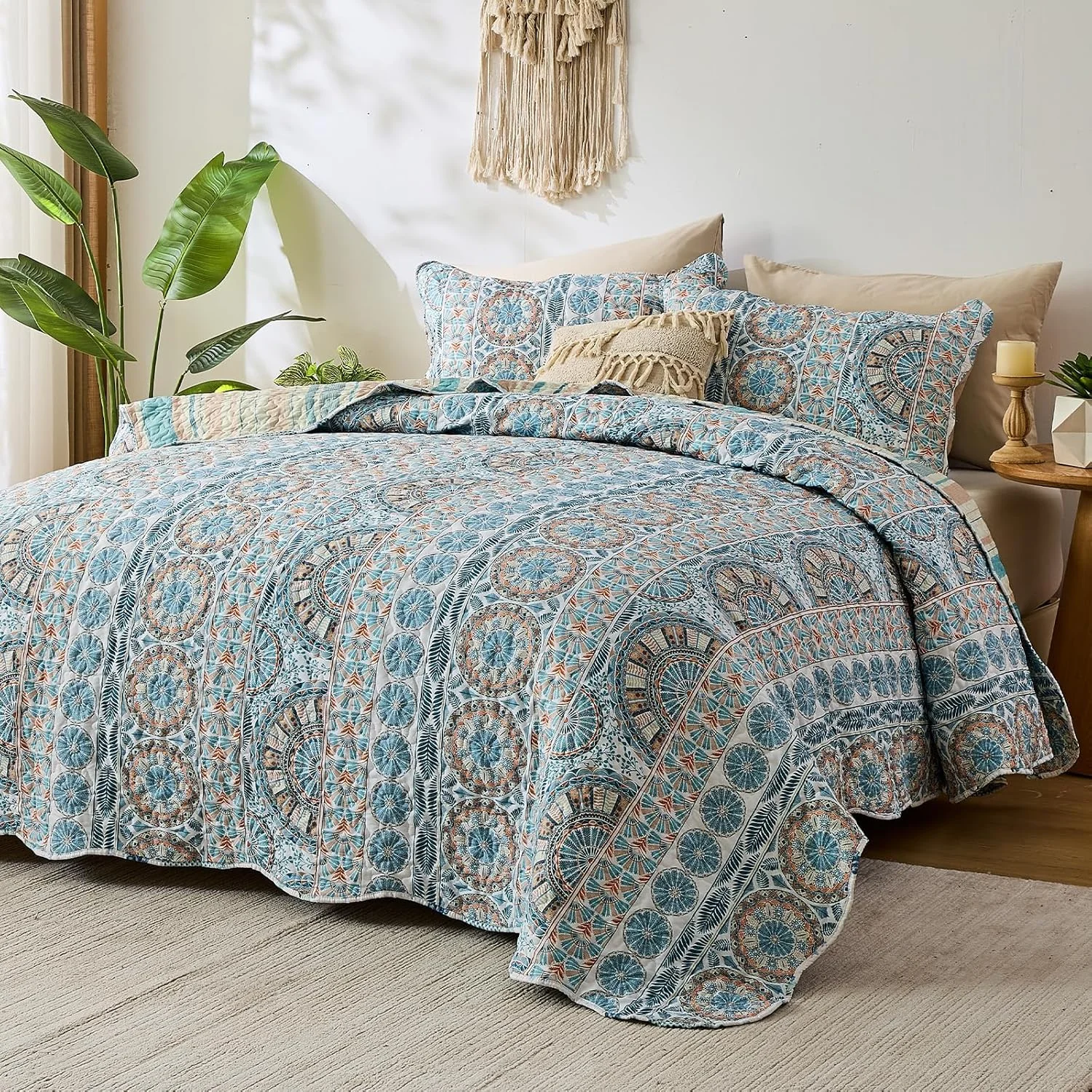 روتختی Qucover، روتختی تزئینی، روتختی دو طرفه بوهو با طرح های قومی، 250 x 270 سانتی متر، رو تختی نرم مبل، لحاف با 2 روبالشی 50 x 75 سانتی متر برای سبک خانه روستایی و سبک مدرن خانه