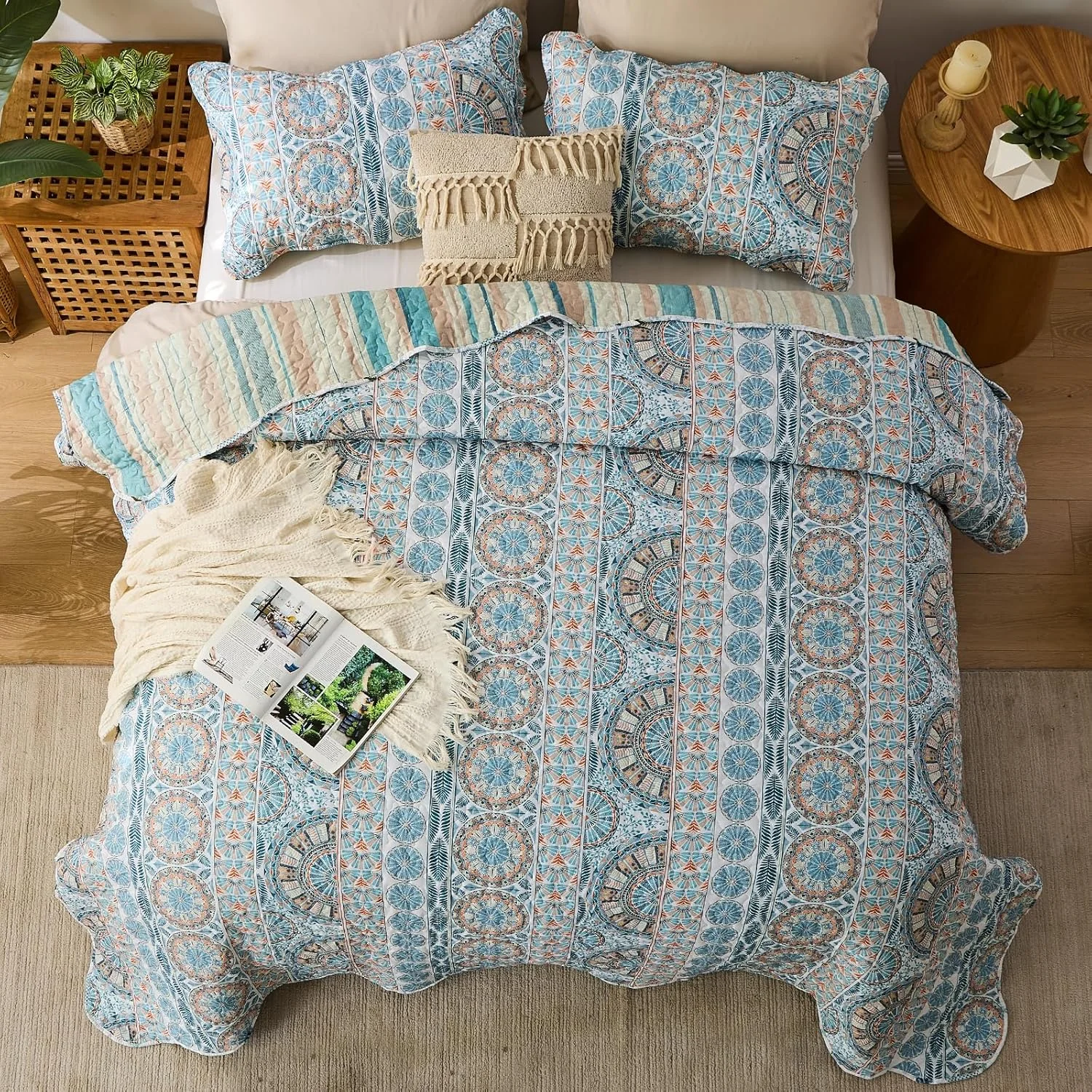 روتختی Qucover، روتختی تزئینی، روتختی دو طرفه بوهو با طرح های قومی، 250 x 270 سانتی متر، رو تختی نرم مبل، لحاف با 2 روبالشی 50 x 75 سانتی متر برای سبک خانه روستایی و سبک مدرن خانه