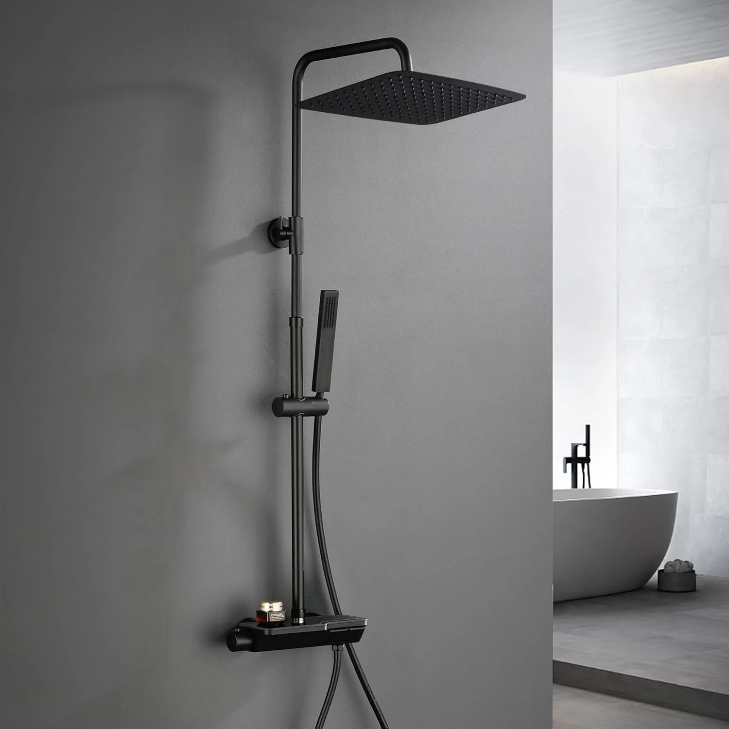 ستون دوش ترموستاتیک گورباخ مدل 304 استیل ضد زنگ مشکی، شیر دوش ست دوش بارانی با سر دوش (35 x 25 سانتی متر)