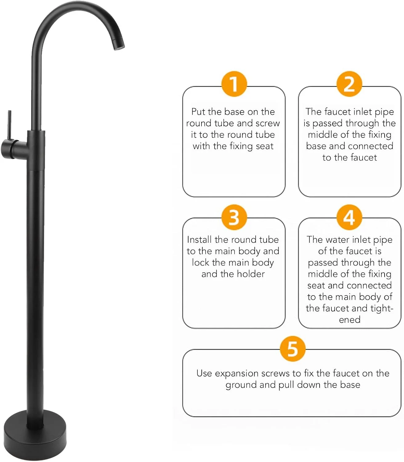شیر حمام ایستاده، شیر پرکن وان ایستاده به سبک اروپایی، شیر دوش حمام برنجی استیل ضد زنگ، شیر آب چرخشی پایه دار برای روشویی ستونی (مشکی)