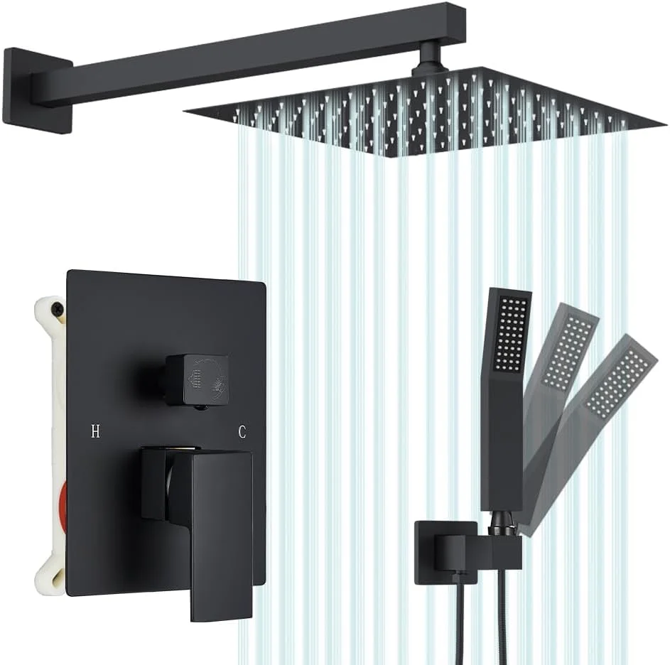 سیستم دوش مشکی Votamuta - سر دوش بارانی 10 اینچی و ترکیب دستی، ست کامل شیر دوش با شیر برنجی و تریم (کیت کامل حمام) سیستم دوش مشکی Votamuta - سر دوش بارانی 10 اینچی و ترکیب دستی، ست کامل شیر دوش با شیر برنجی و تریم (کیت کامل حمام)