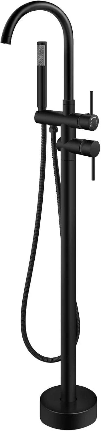 شیر وان حمام ایستاده مشکی مات گوتونوو، پرکننده وان با دوش دستی، شیرآلات برنجی با جریان بالا و خروجی چرخان شیر وان حمام ایستاده مشکی مات گوتونوو، پرکننده وان با دوش دستی، شیرآلات برنجی با جریان بالا و خروجی چرخان