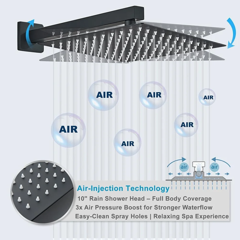 سیستم دوش مشکی Votamuta - سر دوش بارانی 10 اینچی و ترکیب دستی، ست کامل شیر دوش با شیر برنجی و تریم (کیت کامل حمام)
