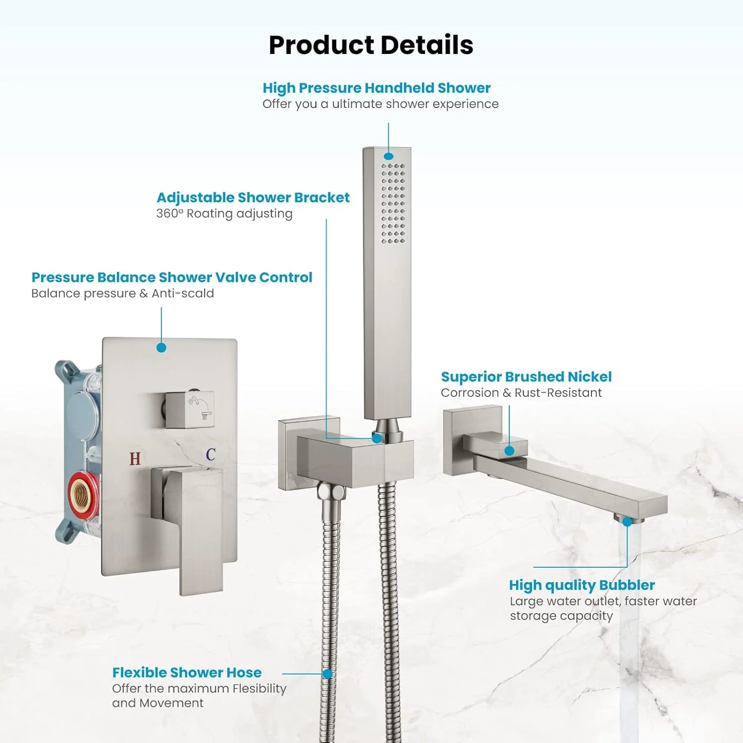 شیر وان حمام دیواری گوتونوو با دوش دستی، ست شیر دوش وان، شیر مخلوط حمام تک دسته برای وان، شامل شیرآلات زبر، خروجی چرخان وان نیکل برس خورده