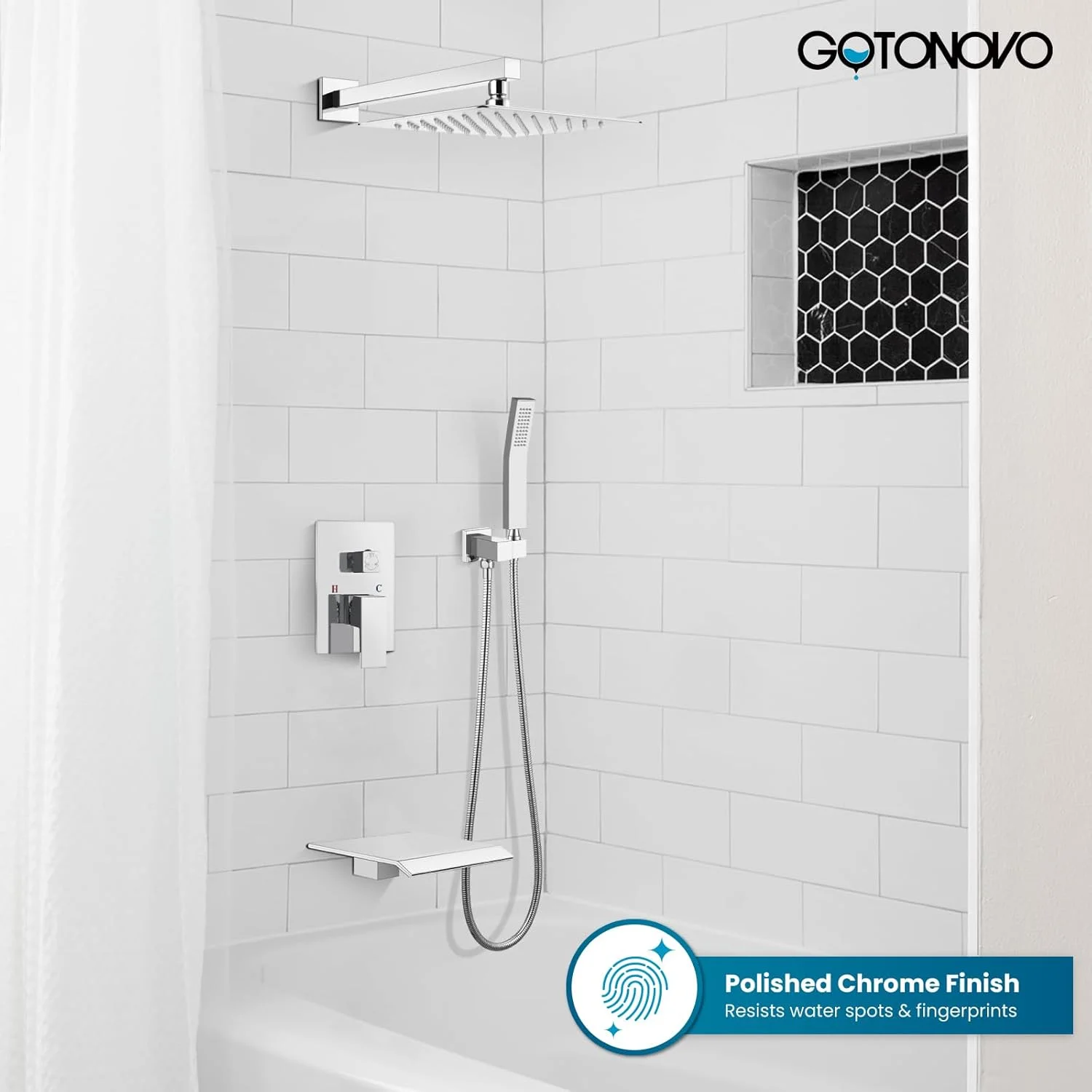 ست شیر دوش مخلوط بارانی کروم گوتونوو با خروجی آبشار وان، سردوش بارانی مربعی 10 اینچی با اسپری دستی، شیرآلات دیواری با تراز فشار و متعلقات