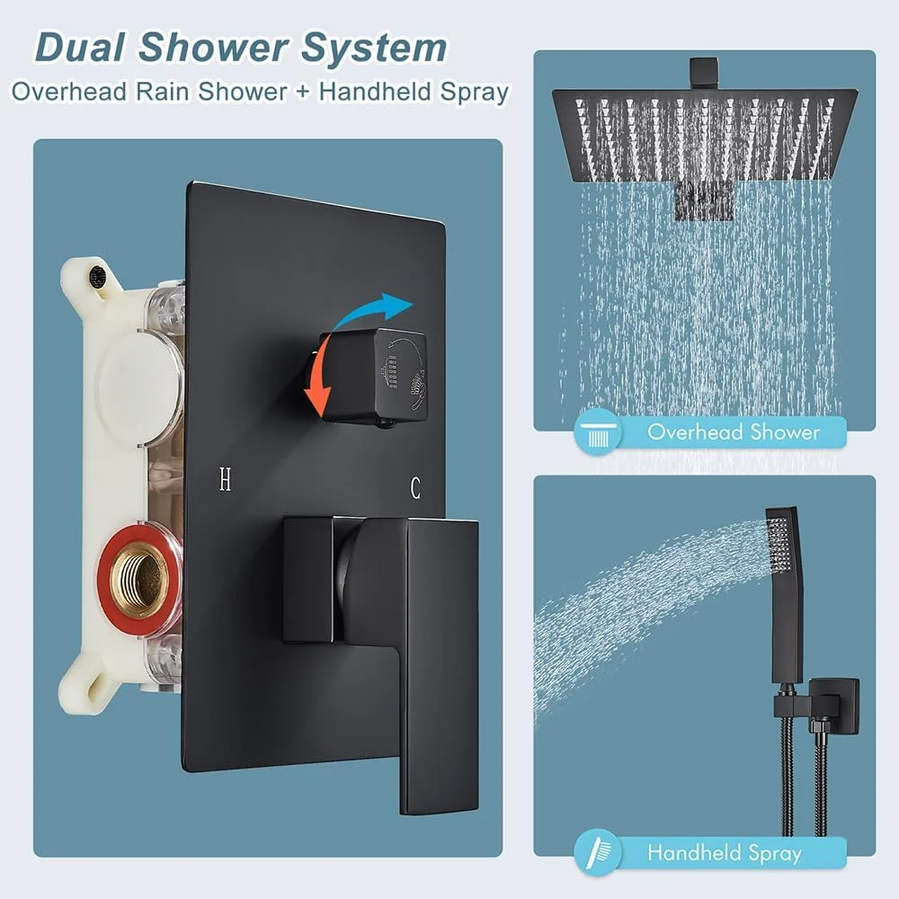 سیستم دوش مشکی Votamuta - سر دوش بارانی 10 اینچی و ترکیب دستی، ست کامل شیر دوش با شیر برنجی و تریم (کیت کامل حمام)
