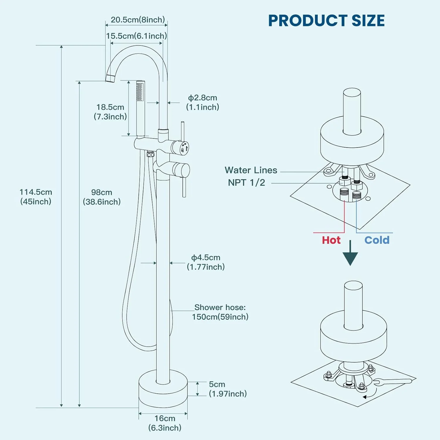 شیر وان حمام ایستاده مشکی مات گوتونوو، پرکننده وان با دوش دستی، شیرآلات برنجی با جریان بالا و خروجی چرخان