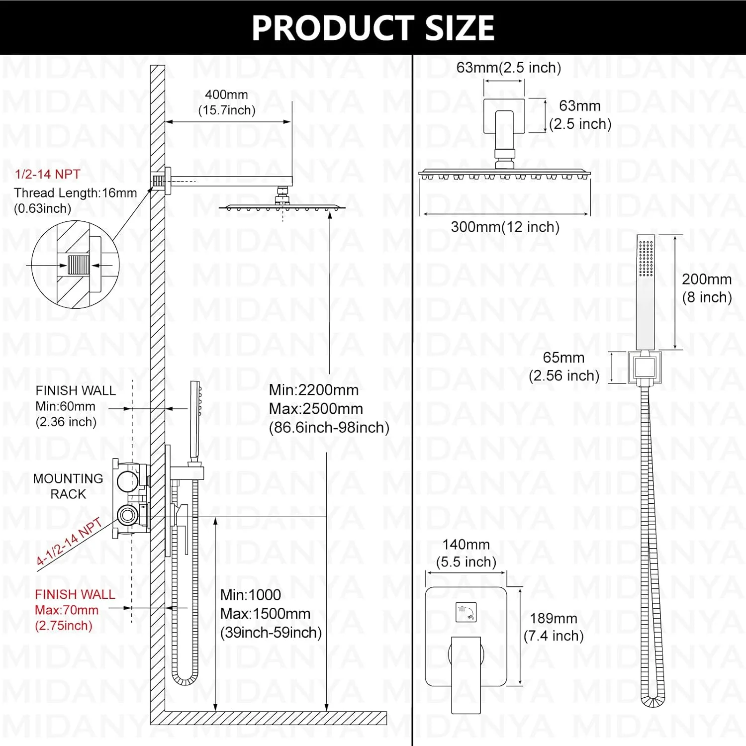 سیستم دوش بارانی مشکی مات Midanya، سر دوش مربعی 12 اینچی، ست شیر دوش دیواری با شیر دستی، کیت تریم شیرآلات با شیر تنظیم فشار، ست ترکیبی دوش حمام سیستم دوش بارانی مشکی مات Midanya، سر دوش مربعی 12 اینچی، ست شیر دوش دیواری با شیر دستی، کیت تریم شیرآلات با شیر تنظیم فشار، ست ترکیبی دوش حمام
