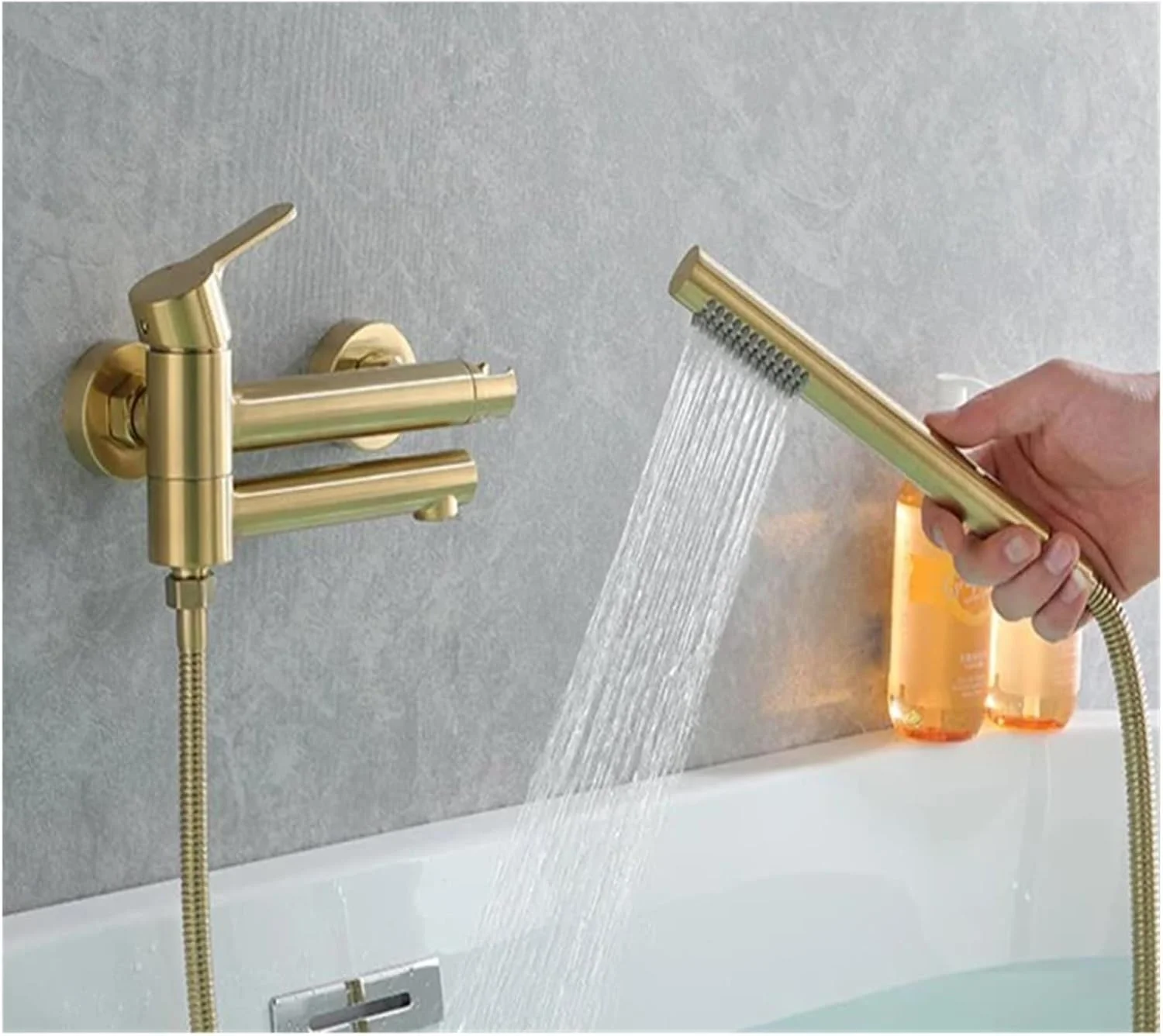 شیر حمام طلایی برس خورده مسی، سیستم دوش حمام دیواری با خروجی آبشاری، شیر آب وان توکار، شیر مخلوط دوش، شیر روشویی حمام