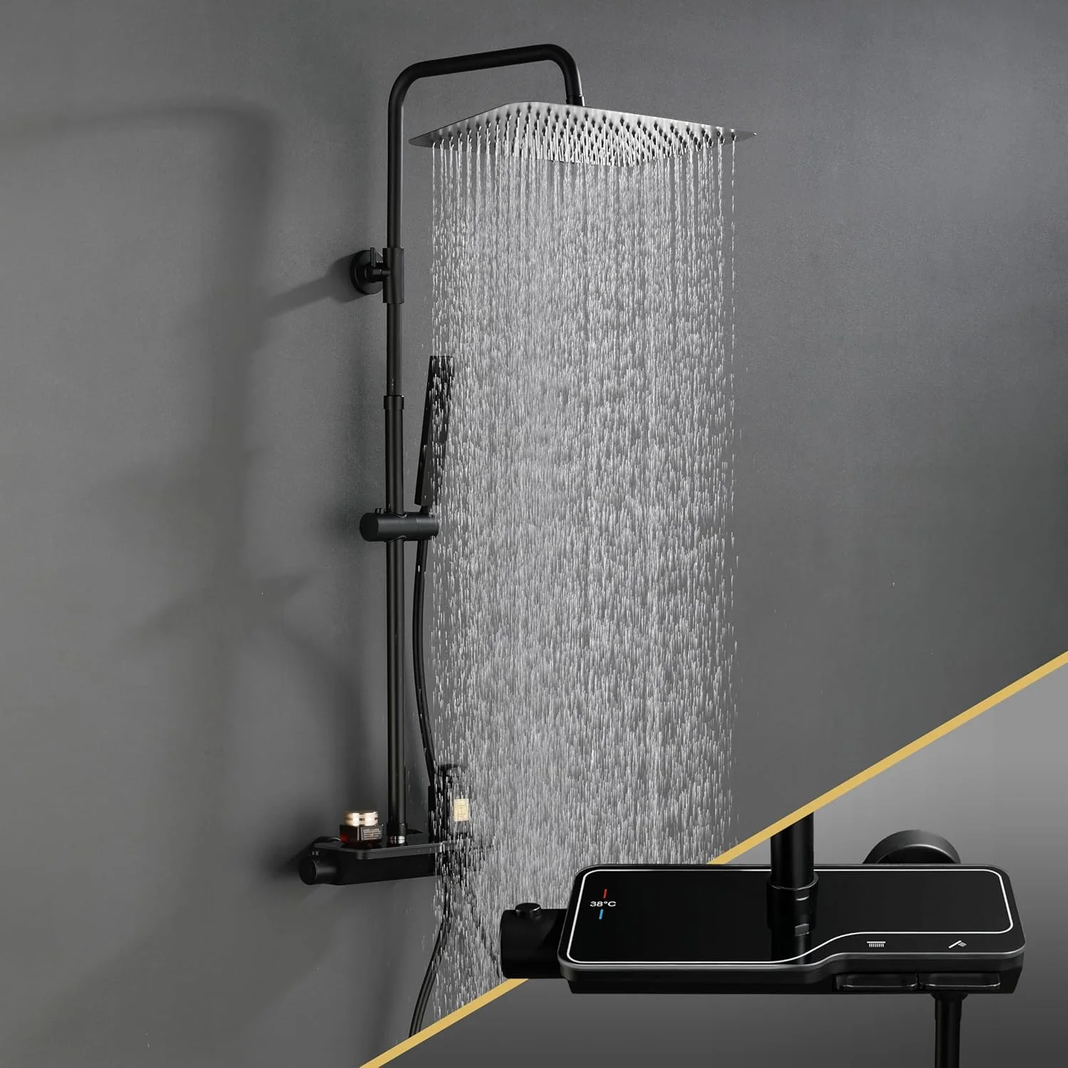 ستون دوش ترموستاتیک گورباخ مدل 304 استیل ضد زنگ مشکی، شیر دوش ست دوش بارانی با سر دوش (35 x 25 سانتی متر) ستون دوش ترموستاتیک گورباخ مدل 304 استیل ضد زنگ مشکی، شیر دوش ست دوش بارانی با سر دوش (35 x 25 سانتی متر)