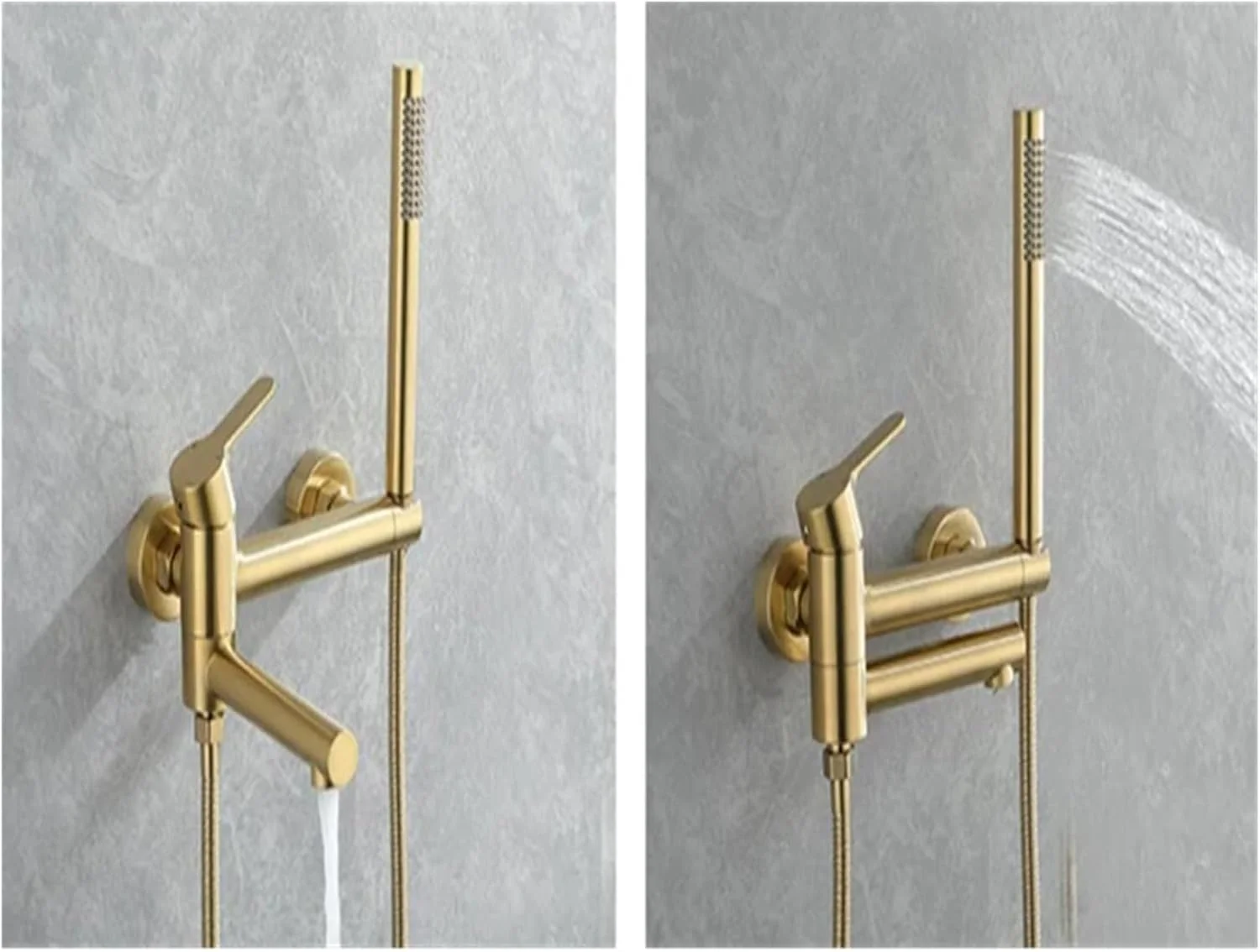 شیر حمام طلایی برس خورده مسی، سیستم دوش حمام دیواری با خروجی آبشاری، شیر آب وان توکار، شیر مخلوط دوش، شیر روشویی حمام