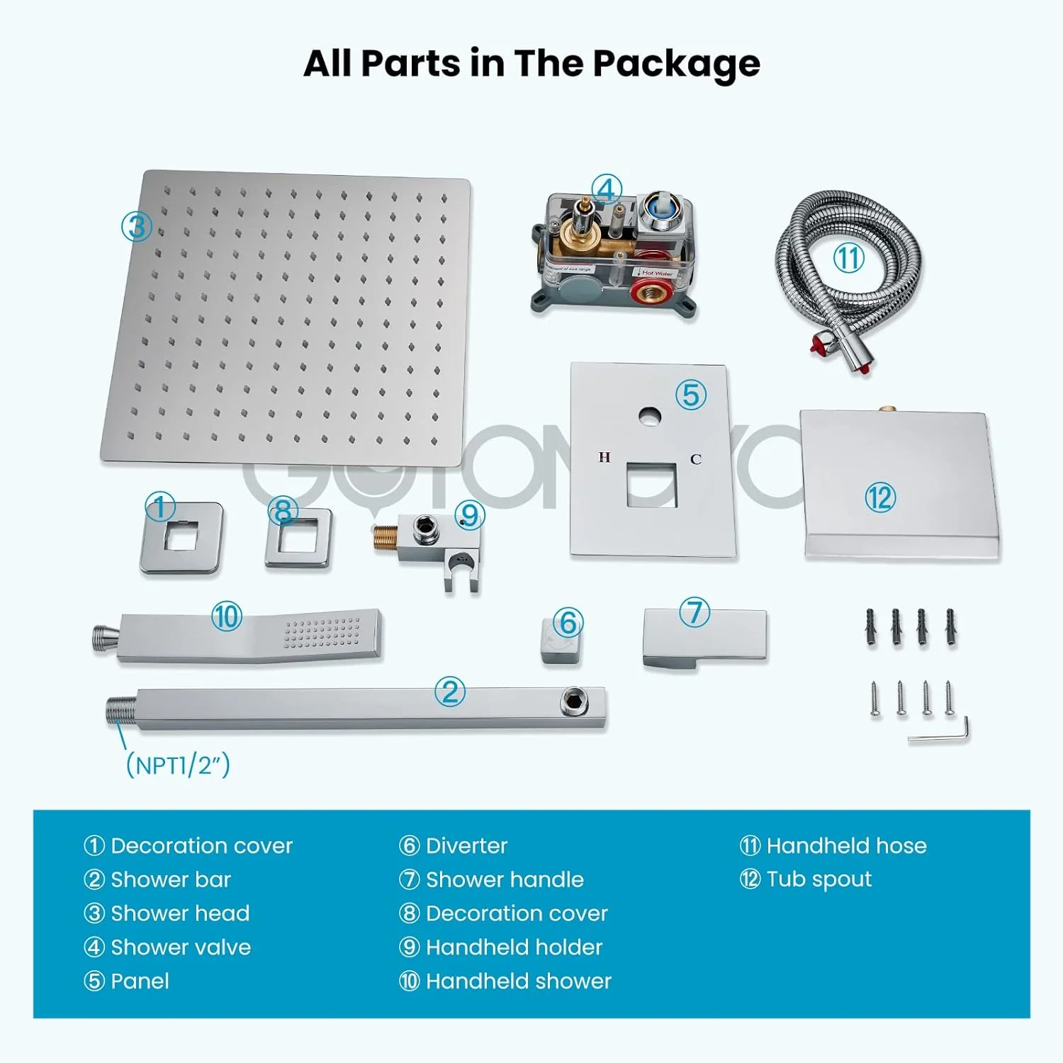 ست شیر دوش مخلوط بارانی کروم گوتونوو با خروجی آبشار وان، سردوش بارانی مربعی 10 اینچی با اسپری دستی، شیرآلات دیواری با تراز فشار و متعلقات