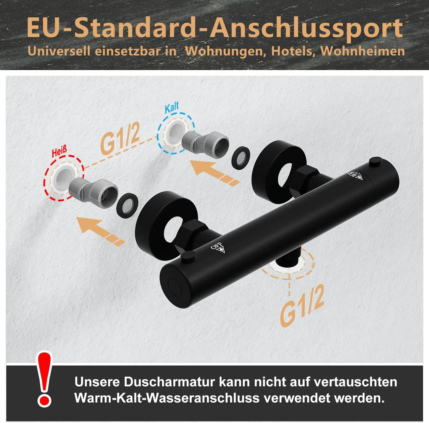 شیر دوش ترموستاتیک گورباخ، شیر حمام اتصال G 1/2 اینچ، شیر دوش با دکمه دمای ثابت هوشمند، مشکی مات شیر دوش ترموستاتیک گورباخ، شیر حمام اتصال G 1/2 اینچ، شیر دوش با دکمه دمای ثابت هوشمند، مشکی مات
