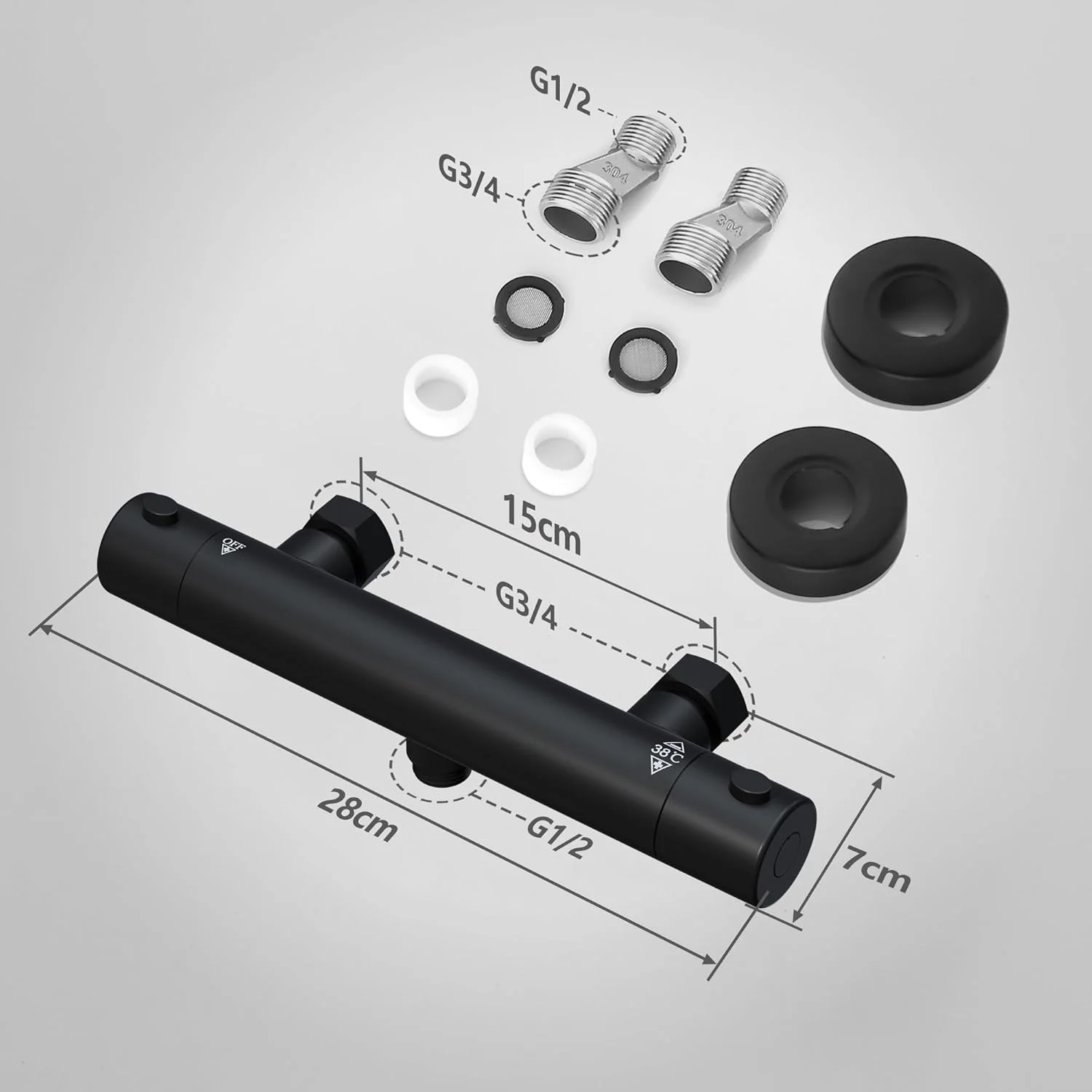 شیر دوش ترموستاتیک گورباخ، شیر حمام اتصال G 1/2 اینچ، شیر دوش با دکمه دمای ثابت هوشمند، مشکی مات شیر دوش ترموستاتیک گورباخ، شیر حمام اتصال G 1/2 اینچ، شیر دوش با دکمه دمای ثابت هوشمند، مشکی مات