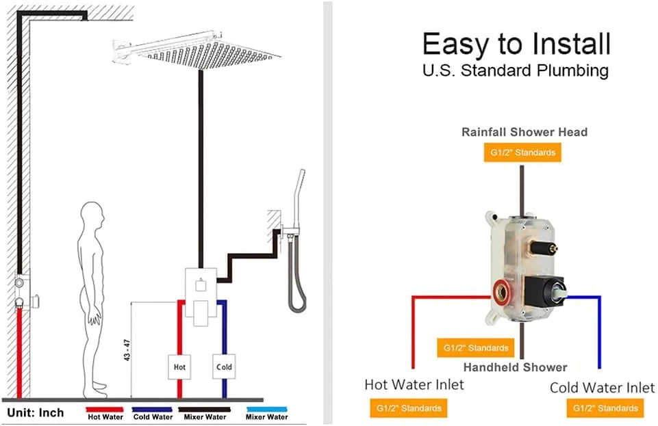 سیستم دوش مشکی Votamuta - سر دوش بارانی 10 اینچی و ترکیب دستی، ست کامل شیر دوش با شیر برنجی و تریم (کیت کامل حمام)