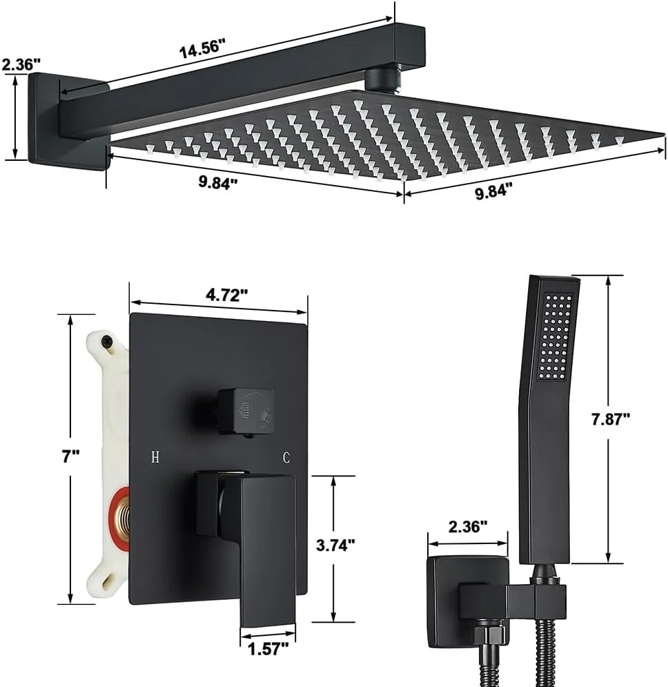 سیستم دوش مشکی Votamuta - سر دوش بارانی 10 اینچی و ترکیب دستی، ست کامل شیر دوش با شیر برنجی و تریم (کیت کامل حمام)