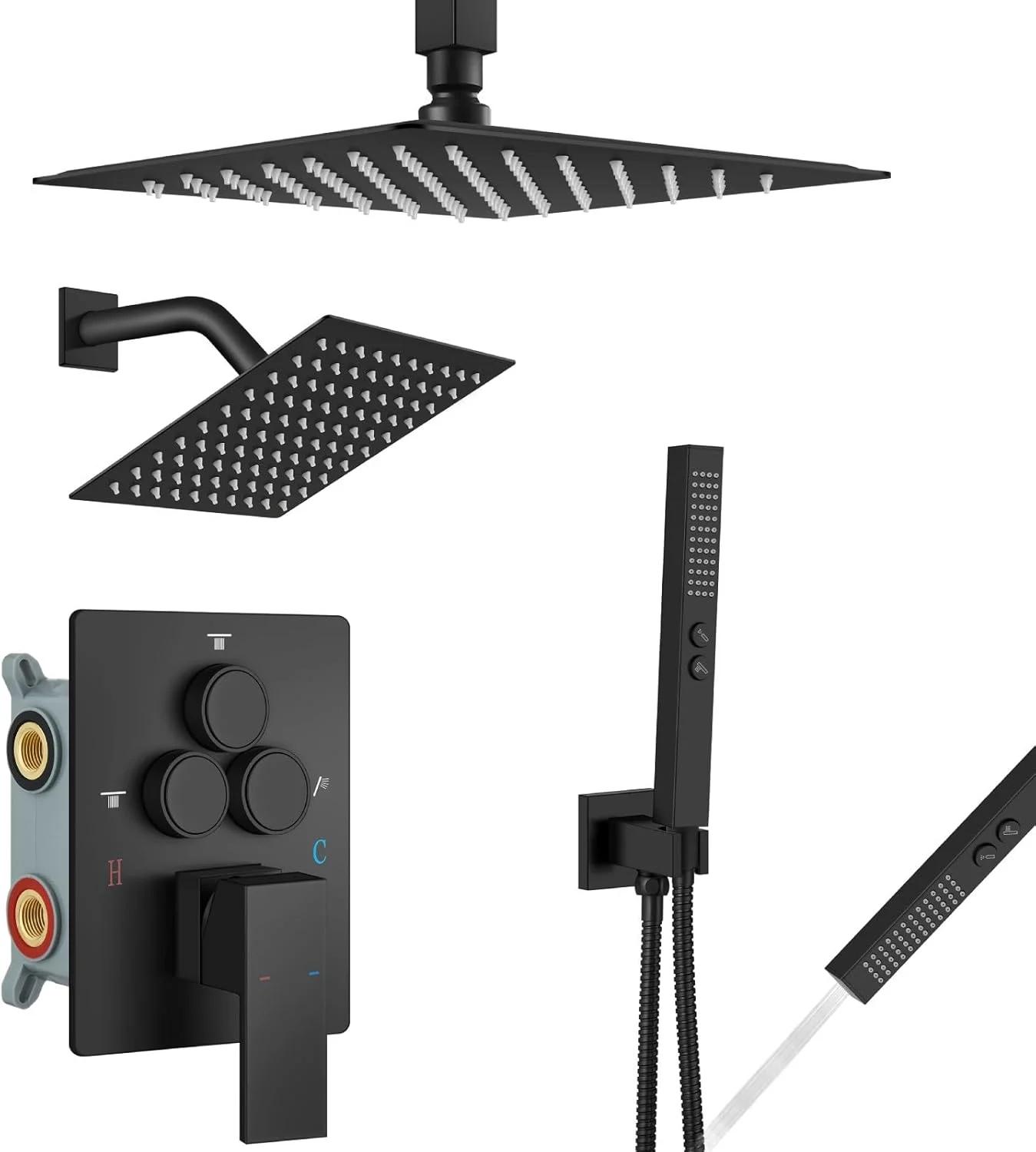 Aolemi Shower Faucet Set Ceiling Mount Shower System Rough-in Valve and Shower Trim Kit 10 and 6 Inch Dual Shower Head 2 in 1 Handheld Spray Push Button Diverter Matte Black Aolemi Shower Faucet Set Ceiling Mount Shower System Rough-in Valve and Shower Trim Kit 10 and 6 Inch Dual Shower Head 2 in 1 Handheld Spray Push Button Diverter Matte Black