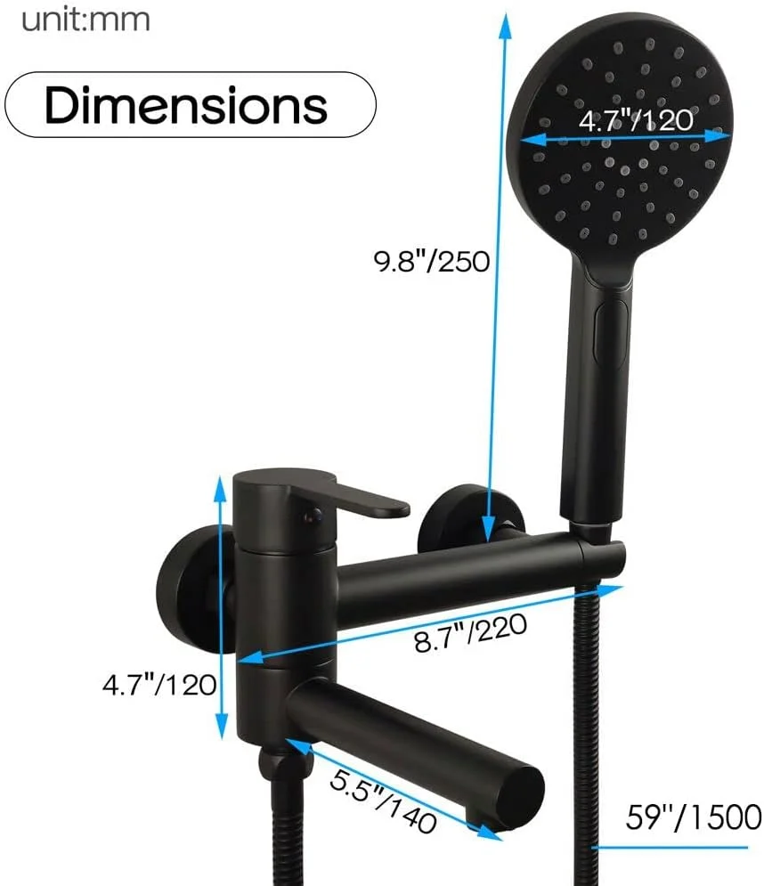 شیر حمام دیواری کاپ‌هوم با دوش دستی، شیر وان حمام مشکی مات با اسپری دستی، ست شیر دوش وان چرخان