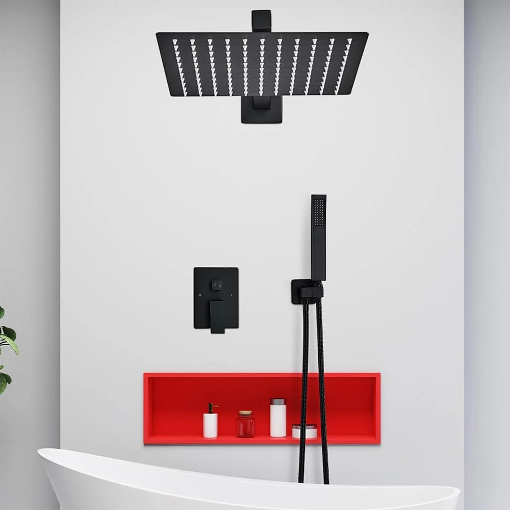 سیستم دوش مشکی Votamuta - سر دوش بارانی 10 اینچی و ترکیب دستی، ست کامل شیر دوش با شیر برنجی و تریم (کیت کامل حمام)