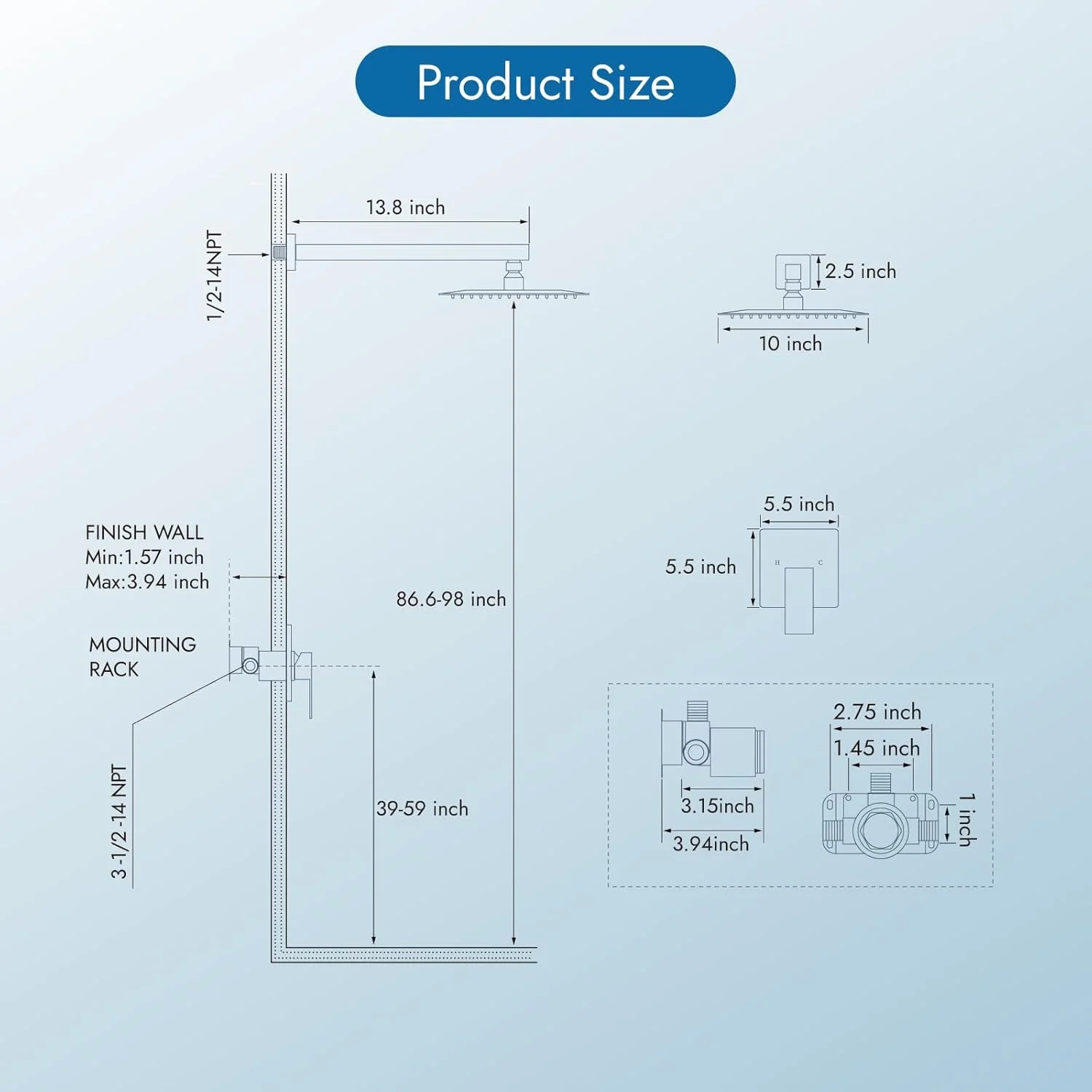 ست شیر دوش حمام دیواری مشکی مات Cinwiny، سایز 10 اینچ، تک کاره، سردوش مربعی بارانی، تک دستگیره، شامل شیرآلات ست شیر دوش حمام دیواری مشکی مات Cinwiny، سایز 10 اینچ، تک کاره، سردوش مربعی بارانی، تک دستگیره، شامل شیرآلات