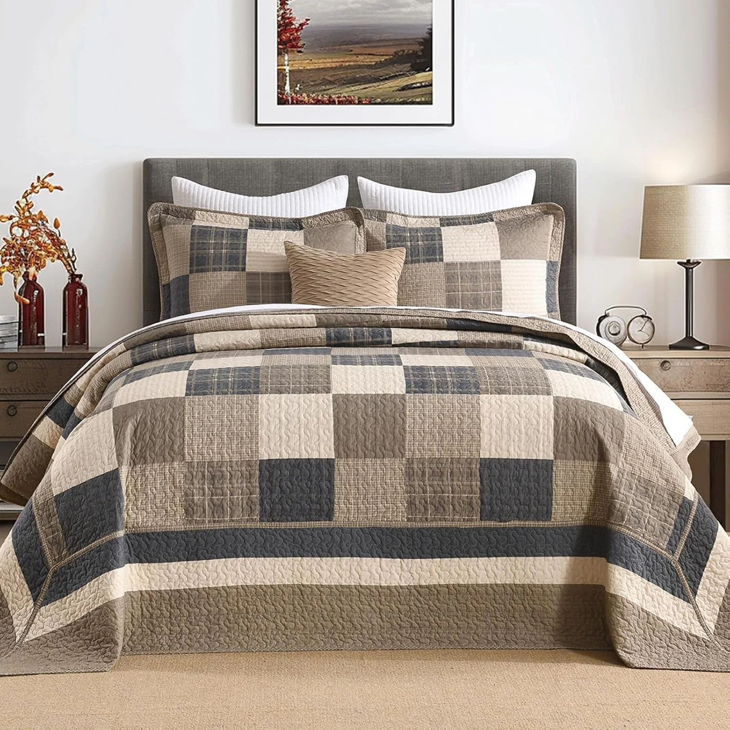 DUOHONG 100% Cotton 128"x120" Oversized Quilt Bedspread, Plaid Pattern California King Extra Large Quilt Bedding Set, Reversible Cal King XL Bed Spread Lightweight Comforter, Brown/Beige/Cream, 3Pcs