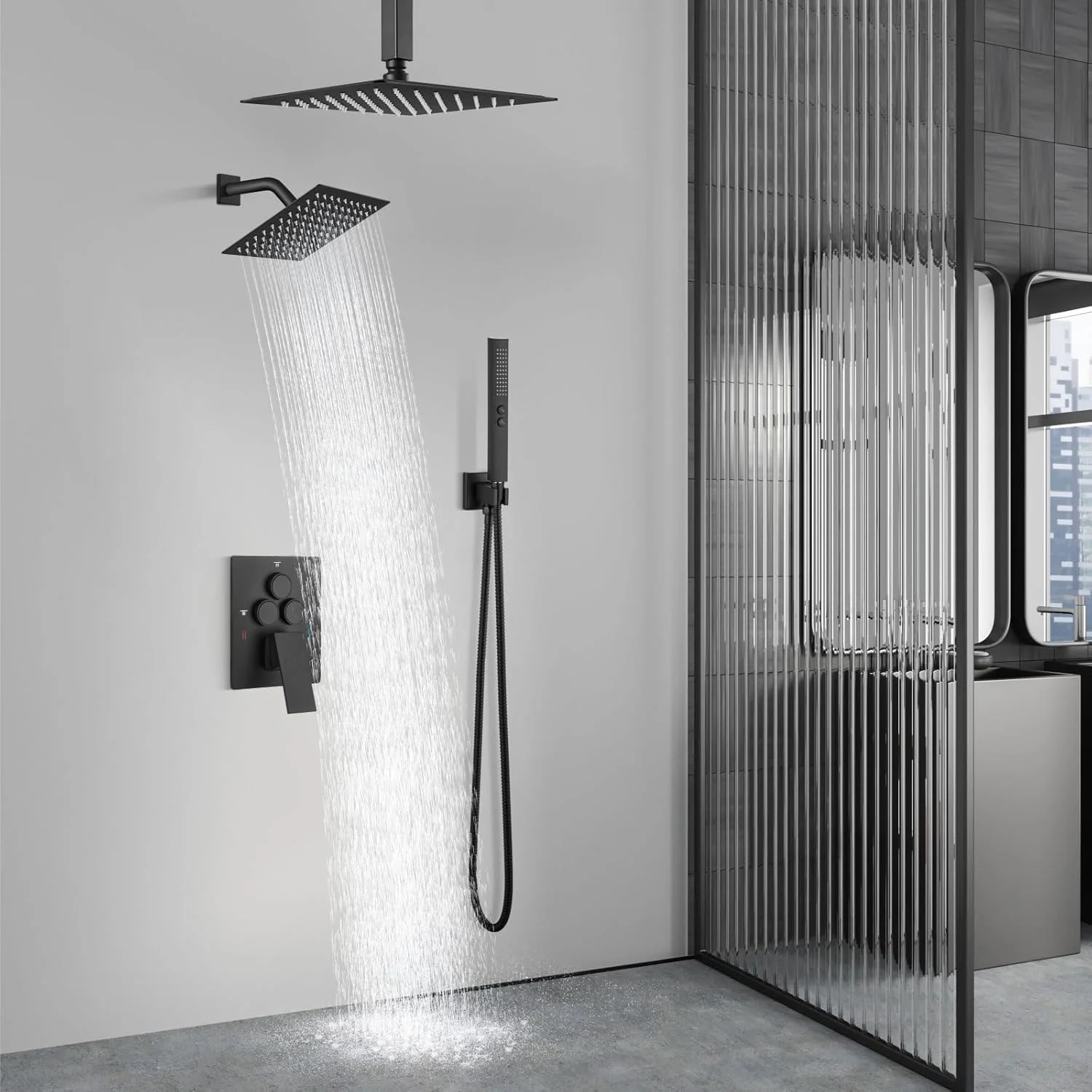 Aolemi Shower Faucet Set Ceiling Mount Shower System Rough-in Valve and Shower Trim Kit 10 and 6 Inch Dual Shower Head 2 in 1 Handheld Spray Push Button Diverter Matte Black Aolemi Shower Faucet Set Ceiling Mount Shower System Rough-in Valve and Shower Trim Kit 10 and 6 Inch Dual Shower Head 2 in 1 Handheld Spray Push Button Diverter Matte Black
