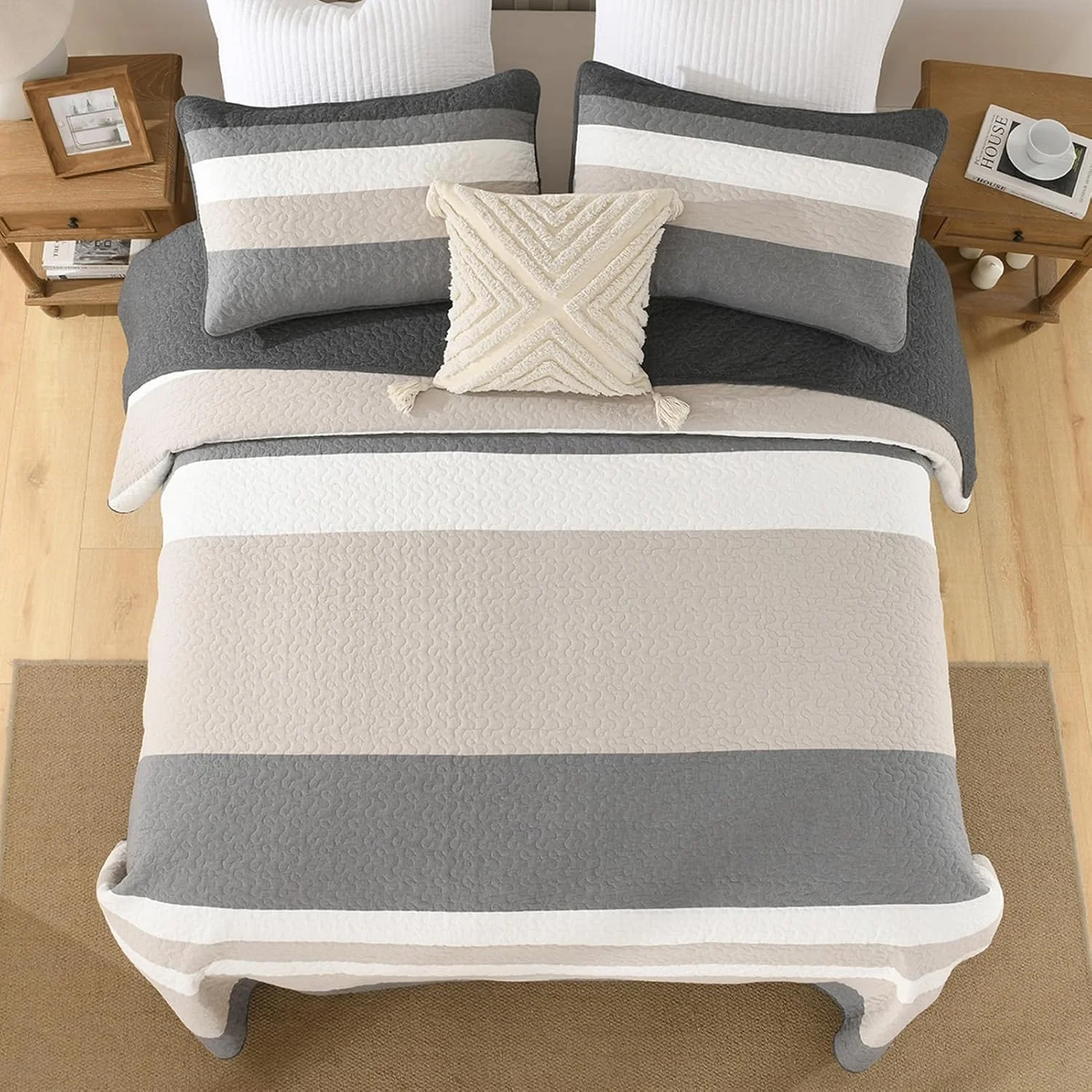 روتختی بسیار بزرگ پنبه ای 100% دوهونگ، طرح راه راه خاکستری، 3 تکه، سایز 325x305 سانتی متر