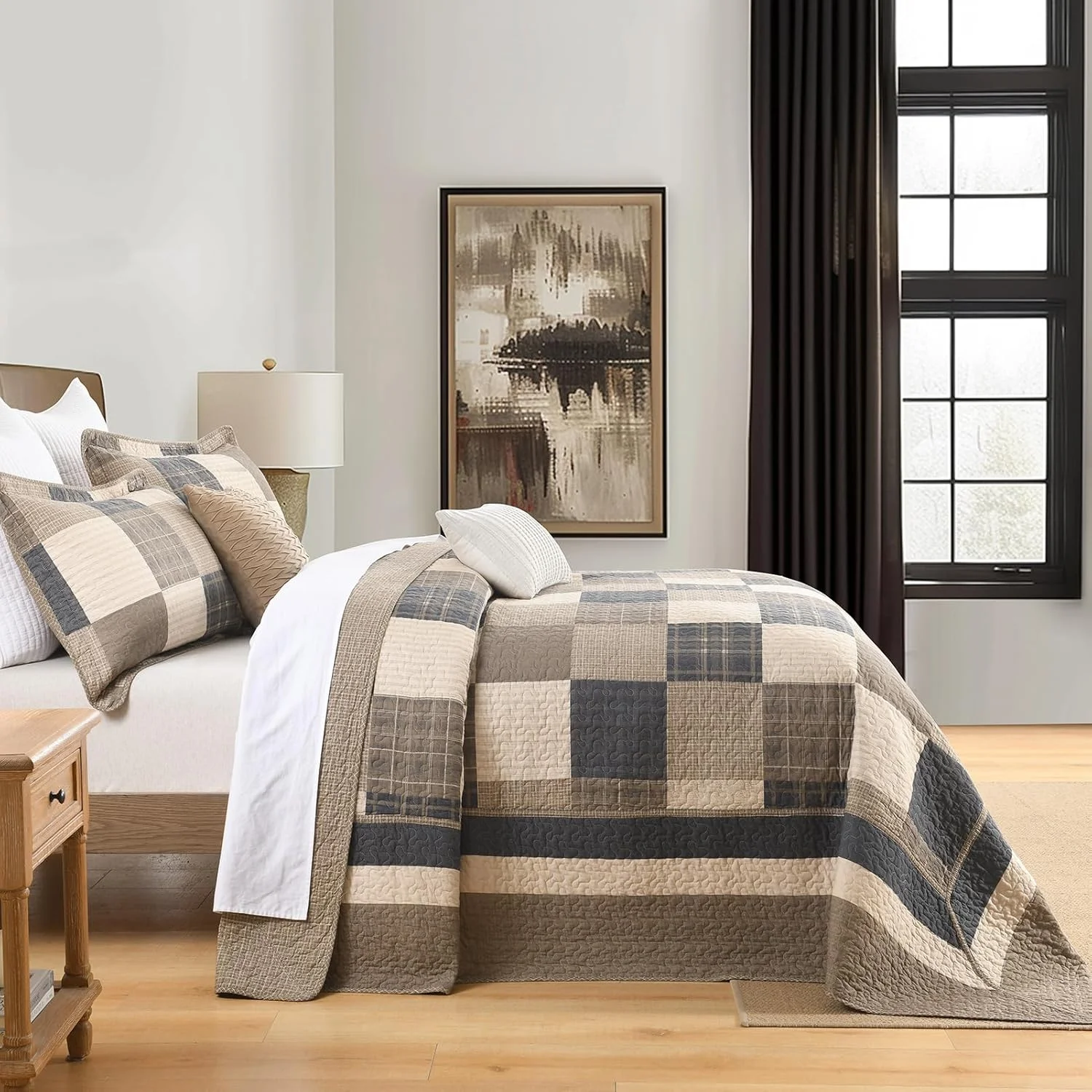 DUOHONG 100% Cotton 120"x102" Oversized Quilt Bedspread, Plaid Pattern Oversized Queen Extra Large Quilt Bedding Set, Reversible XL Bed Spread Lightweight Comforter, Brown/Beige/Cream, 3Pcs