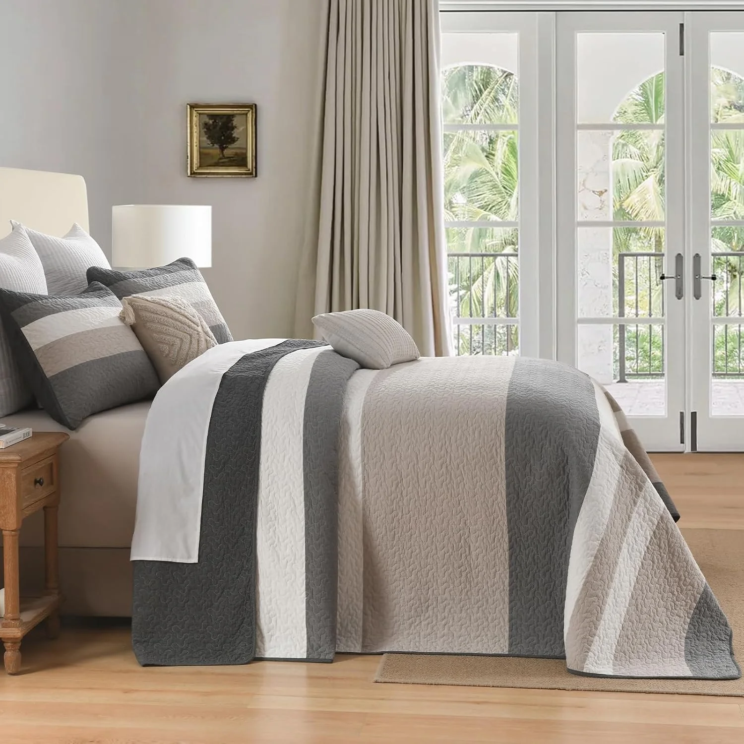 روتختی بسیار بزرگ پنبه ای 100% دوهونگ، طرح راه راه خاکستری، 3 تکه، سایز 325x305 سانتی متر