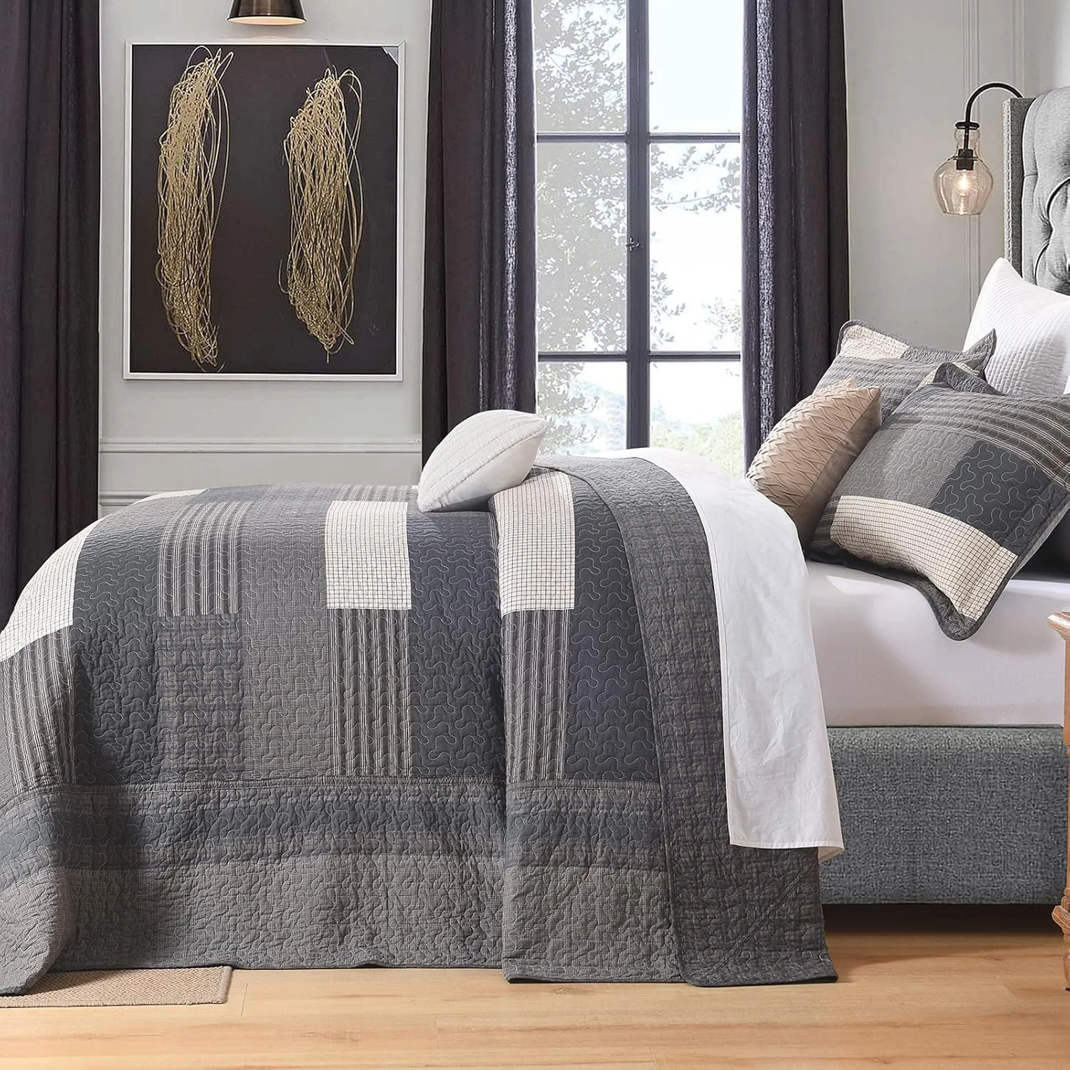 DUOHONG 100% Cotton 120"x120" Oversized Quilt Bedspread, Plaid Pattern California King Extra Large Quilt Bedding Set, Cal King XL Bed Spread Lightweight Comforter, Brown/Beige/Cream, 3Pcs