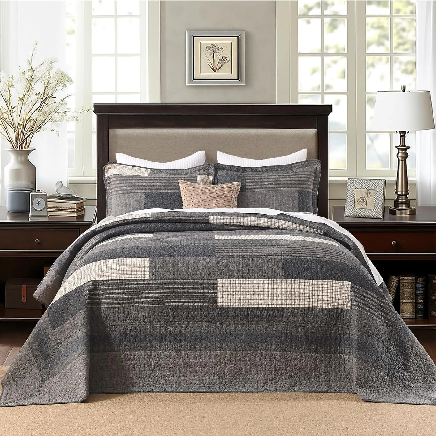 DUOHONG 100% Cotton 120"x120" Oversized Quilt Bedspread, Plaid Pattern California King Extra Large Quilt Bedding Set, Cal King XL Bed Spread Lightweight Comforter, Brown/Beige/Cream, 3Pcs
