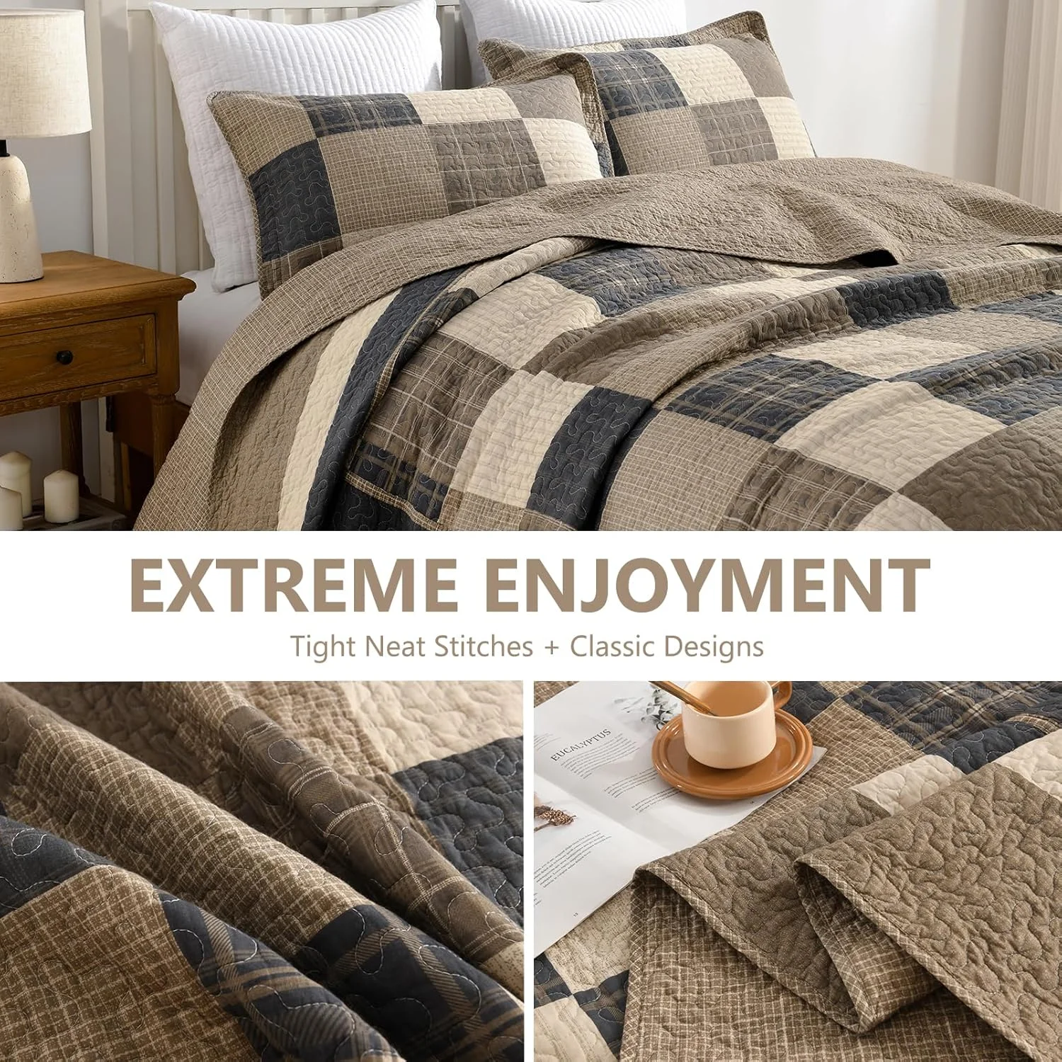 DUOHONG 100% Cotton 120"x102" Oversized Quilt Bedspread, Plaid Pattern Oversized Queen Extra Large Quilt Bedding Set, Reversible XL Bed Spread Lightweight Comforter, Brown/Beige/Cream, 3Pcs