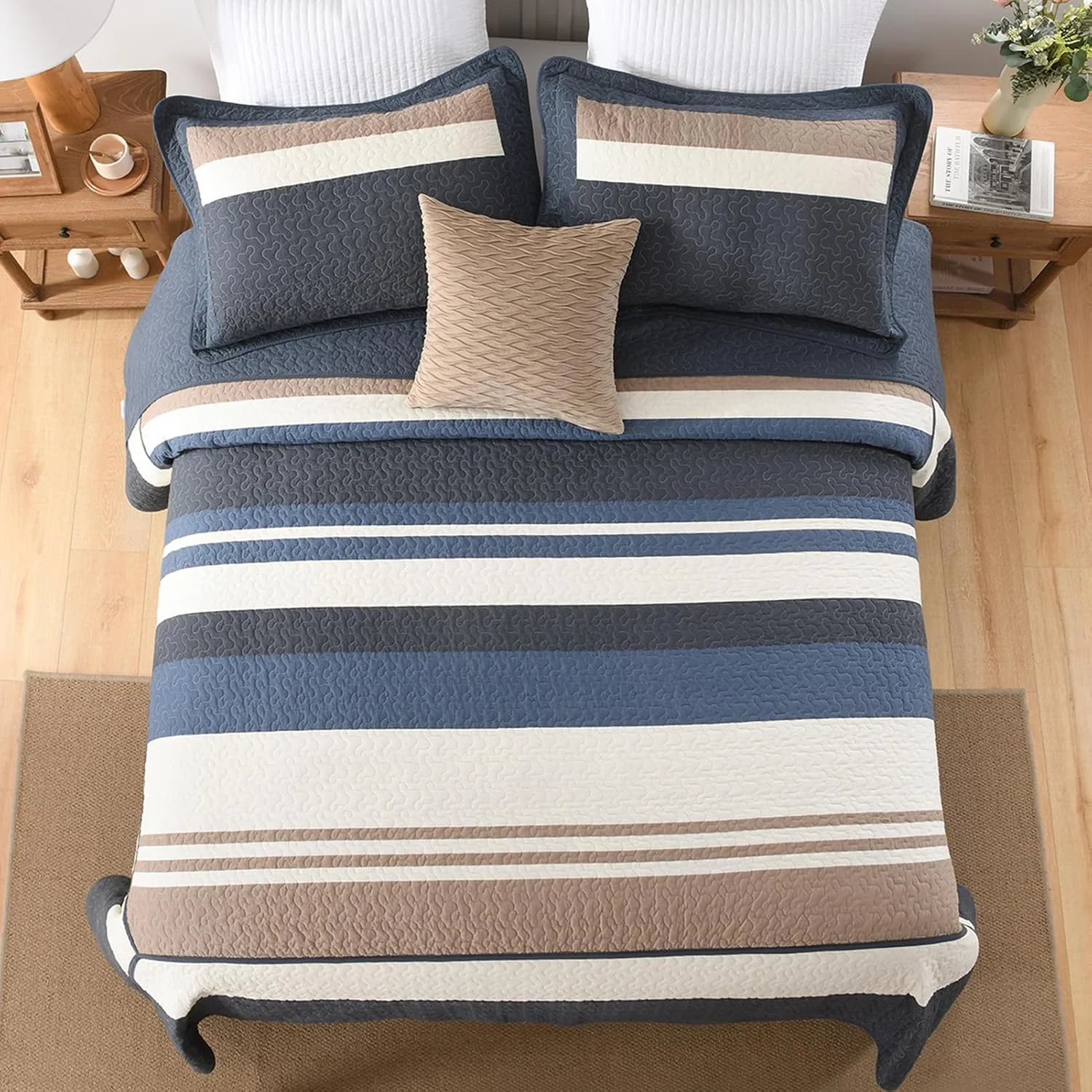 روتختی بزرگ سایز DUOHONG، 325x305 سانتی متر - 100% پنبه، طرح راه راه، مناسب تخت کالیفرنیا کینگ خیلی بزرگ، لحاف سبک وزن، 3 تکه، سرمه ای/بژ/سفید