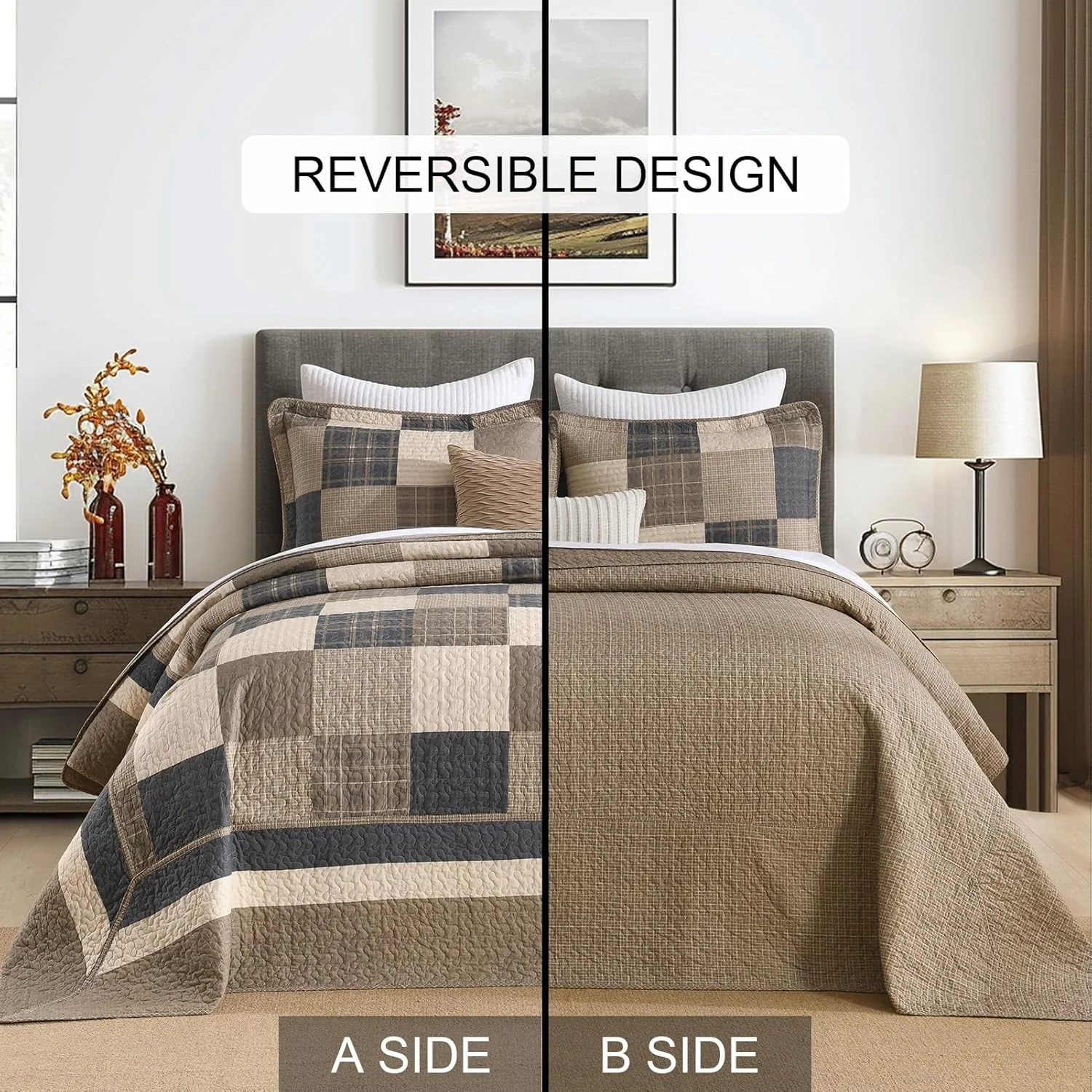 DUOHONG 100% Cotton 120"x102" Oversized Quilt Bedspread, Plaid Pattern Oversized Queen Extra Large Quilt Bedding Set, Reversible XL Bed Spread Lightweight Comforter, Brown/Beige/Cream, 3Pcs