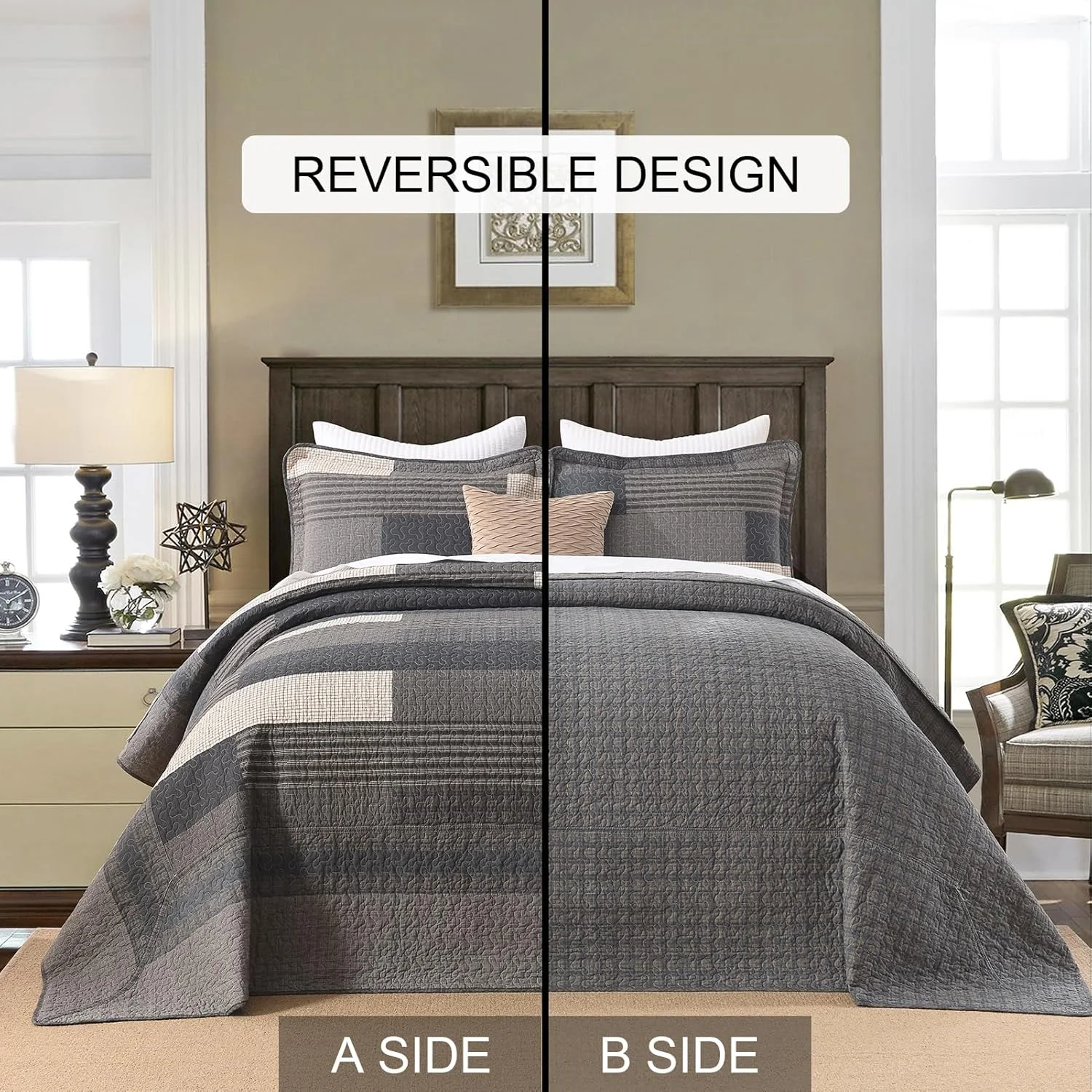 DUOHONG 100% Cotton 120"x120" Oversized Quilt Bedspread, Plaid Pattern California King Extra Large Quilt Bedding Set, Cal King XL Bed Spread Lightweight Comforter, Brown/Beige/Cream, 3Pcs