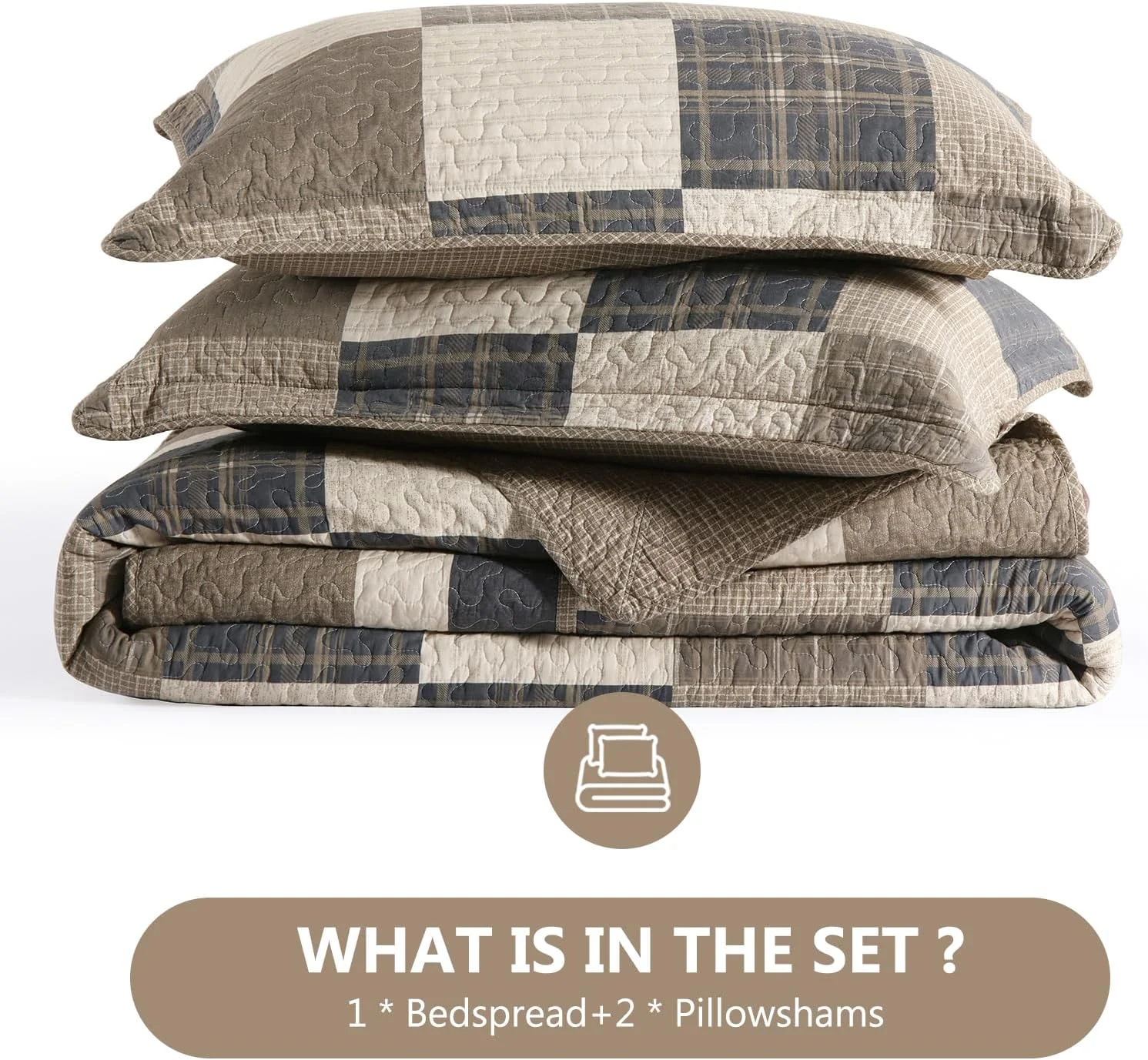 DUOHONG 100% Cotton 120"x102" Oversized Quilt Bedspread, Plaid Pattern Oversized Queen Extra Large Quilt Bedding Set, Reversible XL Bed Spread Lightweight Comforter, Brown/Beige/Cream, 3Pcs