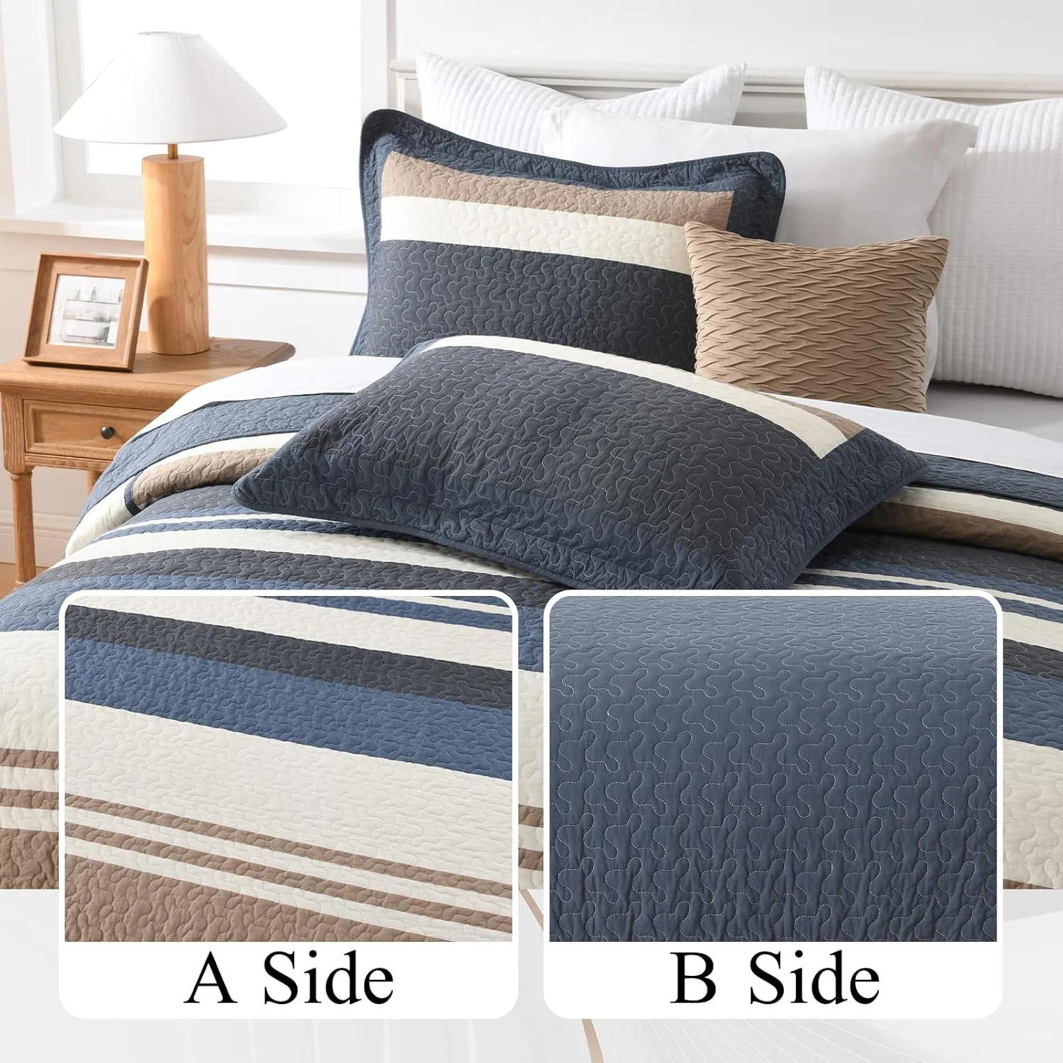 روتختی بزرگ سایز DUOHONG، 325x305 سانتی متر - 100% پنبه، طرح راه راه، مناسب تخت کالیفرنیا کینگ خیلی بزرگ، لحاف سبک وزن، 3 تکه، سرمه ای/بژ/سفید