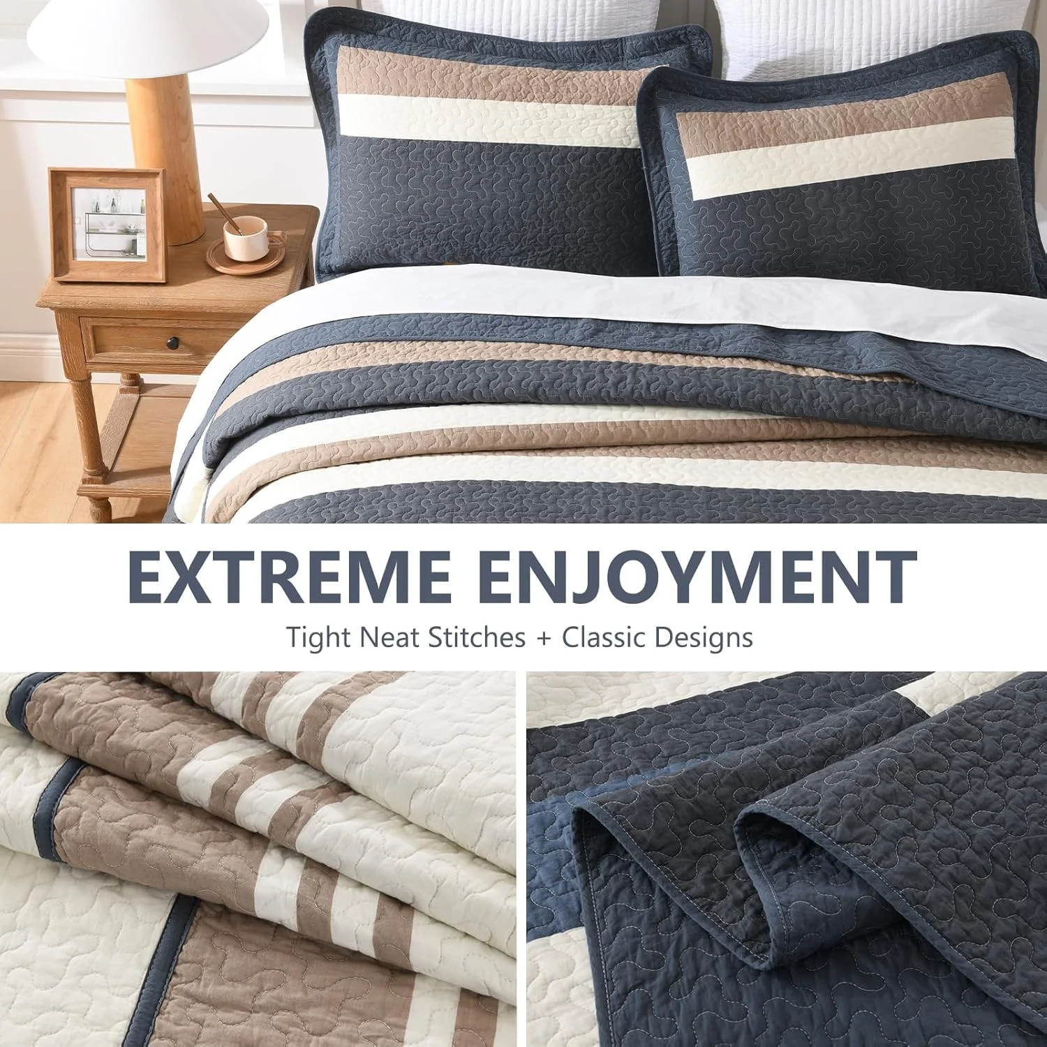 روتختی بزرگ سایز DUOHONG، 325x305 سانتی متر - 100% پنبه، طرح راه راه، مناسب تخت کالیفرنیا کینگ خیلی بزرگ، لحاف سبک وزن، 3 تکه، سرمه ای/بژ/سفید